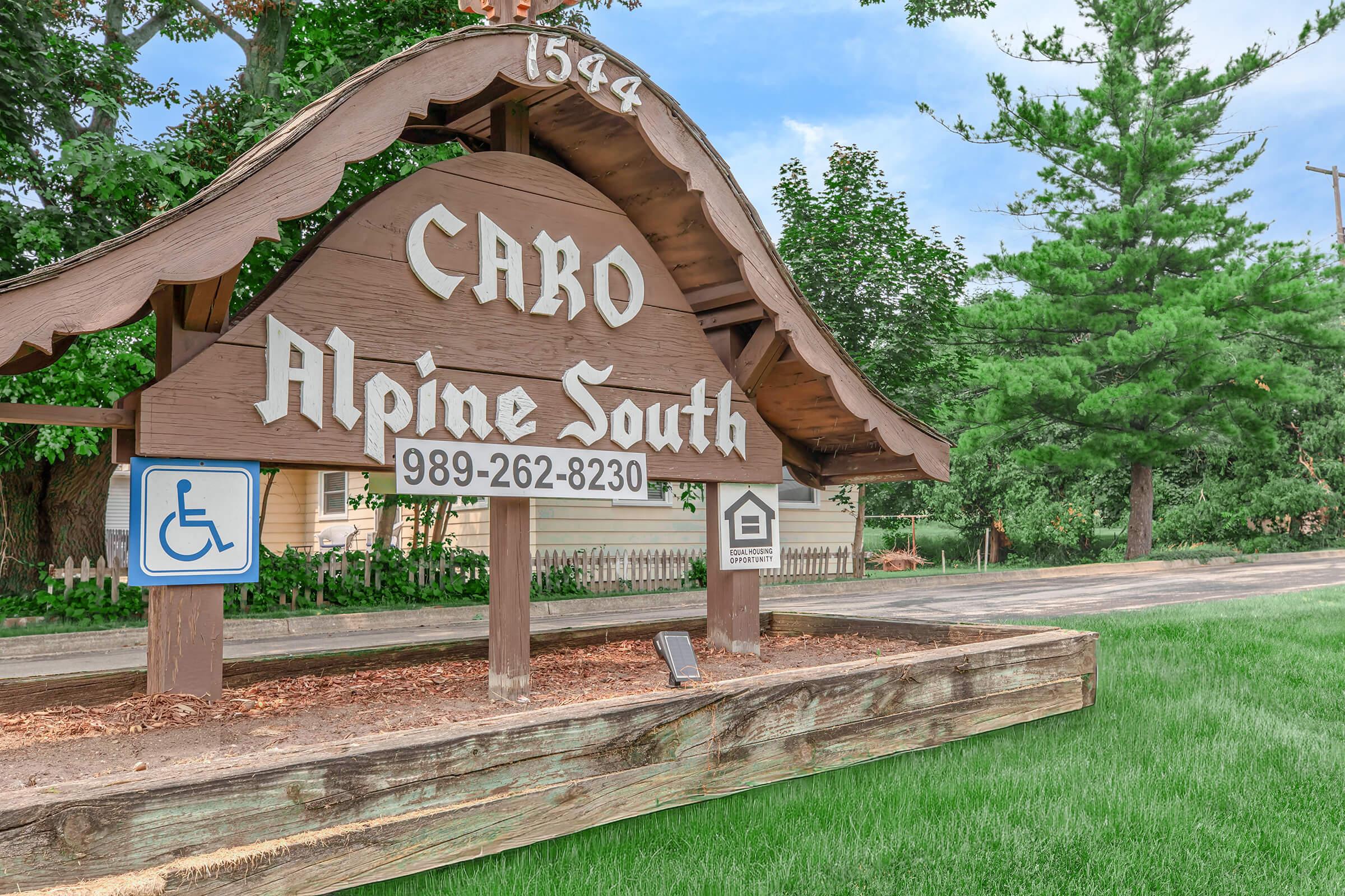 A wooden sign with a curved roof displays "Caro Alpine South" and the phone number "989-262-8230." It features a wheelchair accessibility symbol and is set against a backdrop of greenery and trees. The sign is situated near the road, highlighting the entrance to the location.