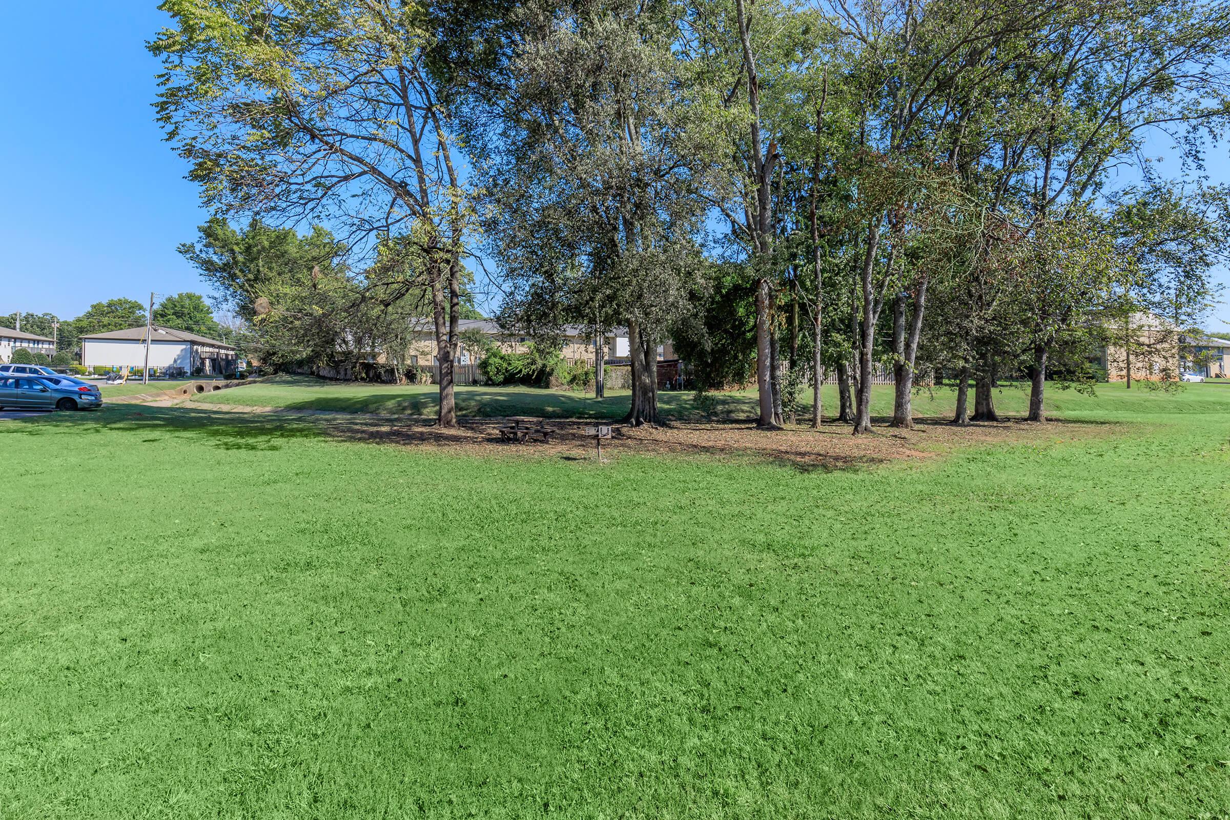 A sunny park scene featuring a grassy field with scattered trees and a few buildings in the background. A blue sky is visible, and a couple of vehicles are parked nearby. The area appears to be well-maintained and inviting, suitable for outdoor activities or relaxation.
