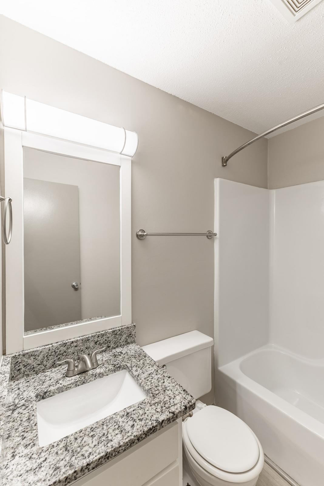 A clean and modern bathroom featuring a white bathtub with a shower, a white toilet, and a vanity with a granite countertop and sink. The walls are painted in a light gray color, and there is a rectangular mirror above the sink with a built-in light. The space is well-lit and tidy.