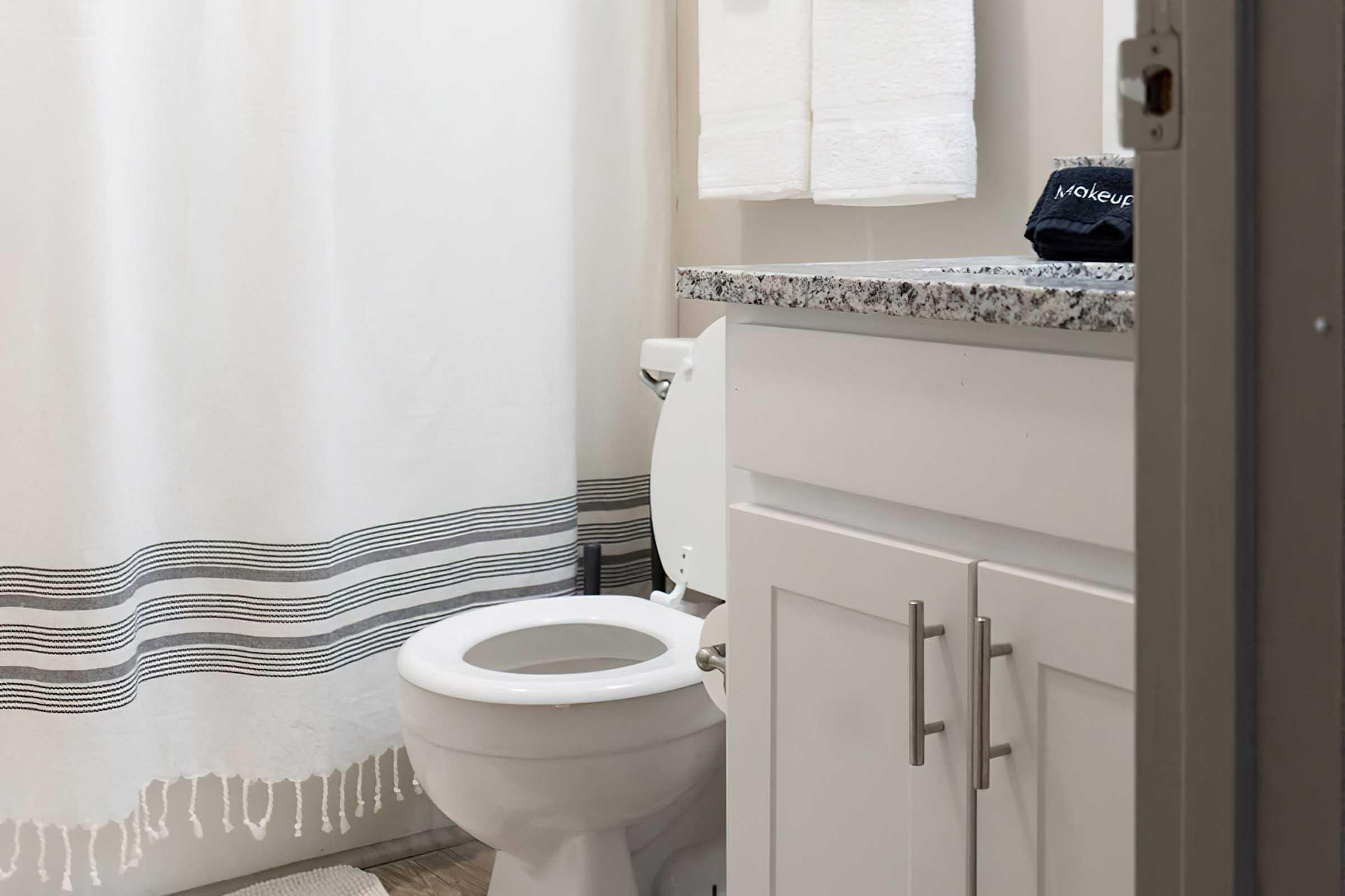A bathroom featuring a toilet, a white shower curtain with black stripes, and a granite countertop. A towel is hanging nearby, and there is a small dark item on the counter. The overall color scheme is light and neutral, creating a clean and simple aesthetic.