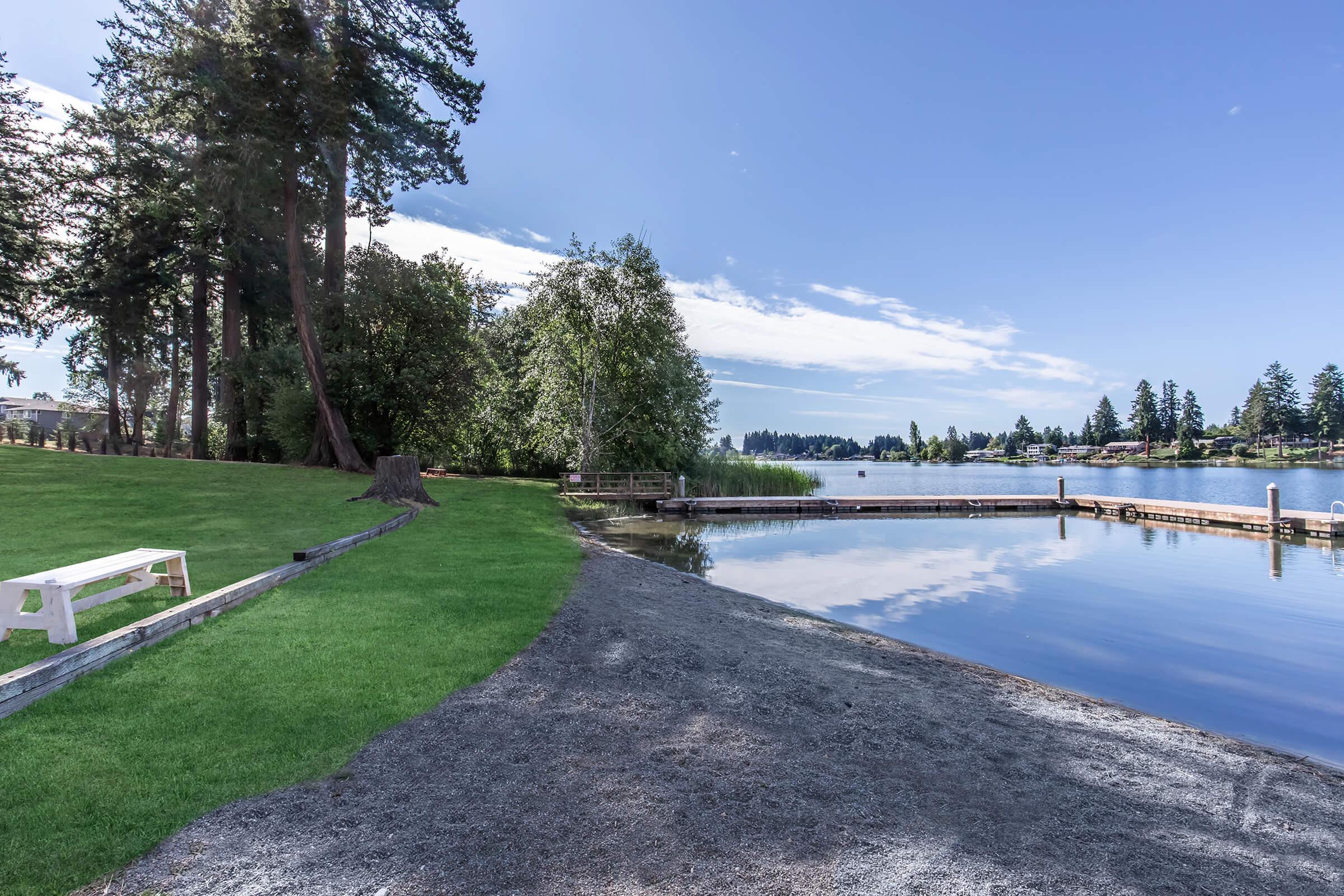 A serene lakeside scene featuring a clear blue sky, lush green grass, and a sandy shoreline. A wooden dock extends into the calm water, surrounded by trees and reflecting clouds. The landscape conveys tranquility and invites relaxation by the water's edge.