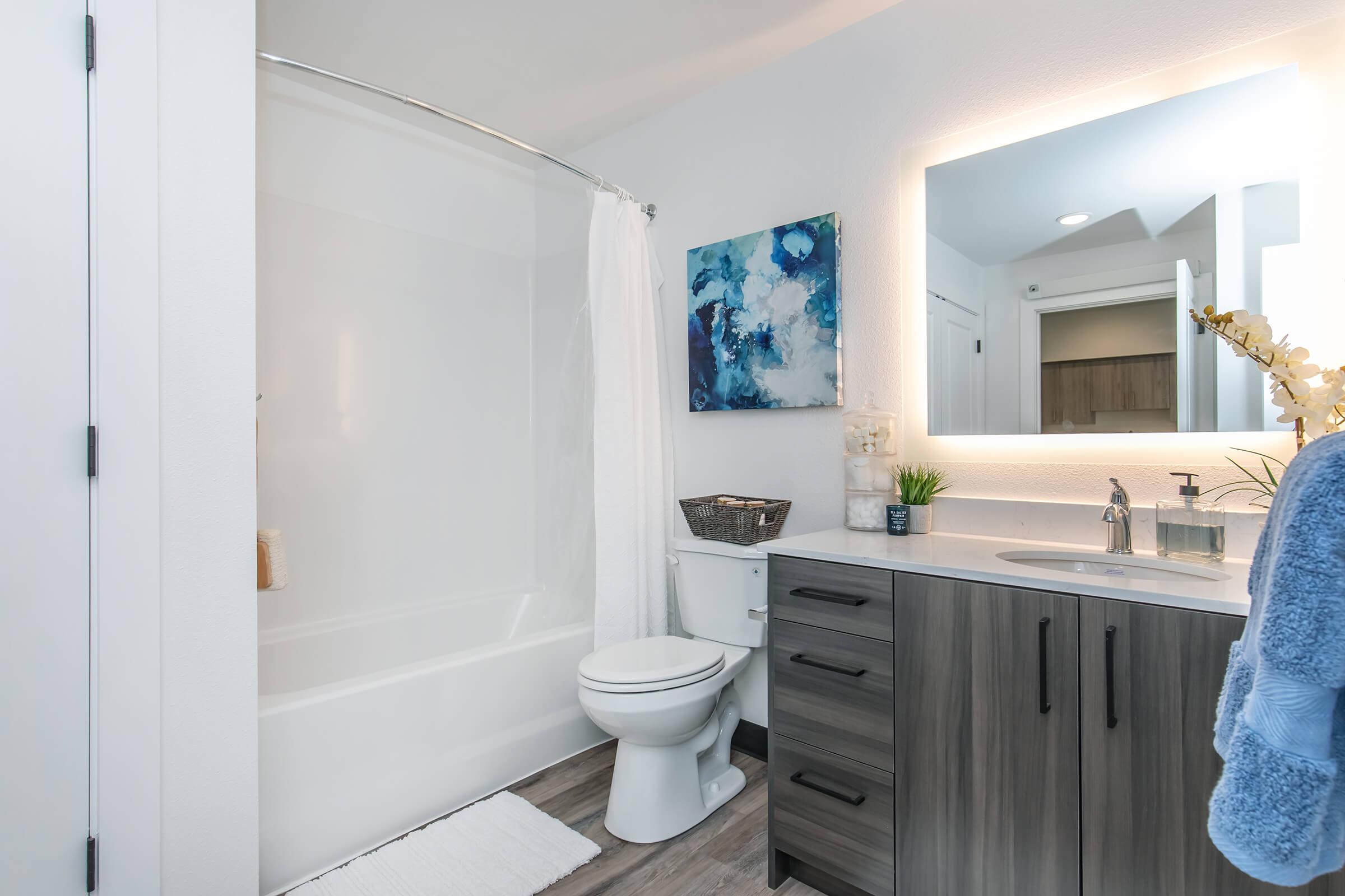 A modern bathroom featuring a white bathtub and shower combo, a wall-mounted mirror with soft lighting, a wooden vanity with a sink, a toilet, and decorative elements like a basket and a plant. The walls are painted white, and the flooring is a light wood finish.