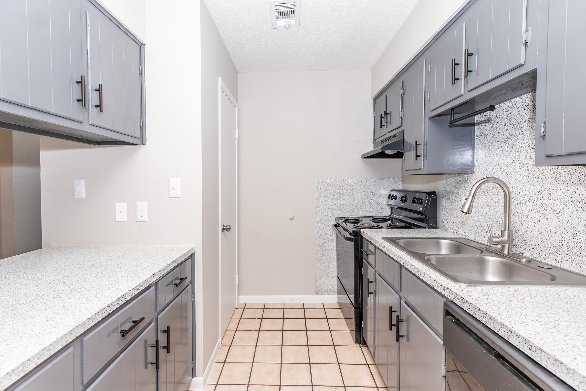A modern kitchen featuring gray cabinets, a double sink, and countertops with a speckled design. The kitchen includes a black stove and kitchen appliances, with tile flooring. Walls are light-colored, creating a spacious and clean look. A door leads to another room.