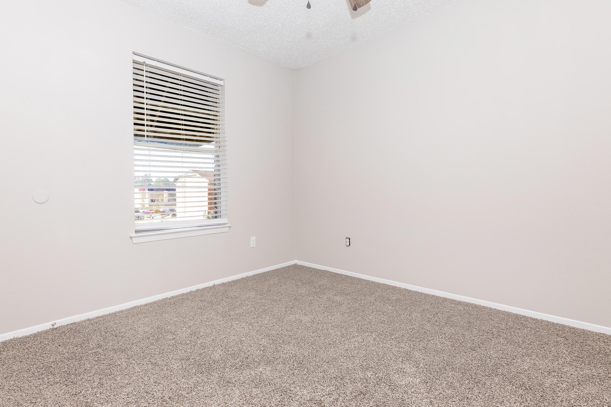Empty room with light beige walls and a carpeted floor. A window with white blinds lets in natural light. The space is unadorned, featuring a ceiling fan and no furniture, providing a blank canvas for potential decoration or use.