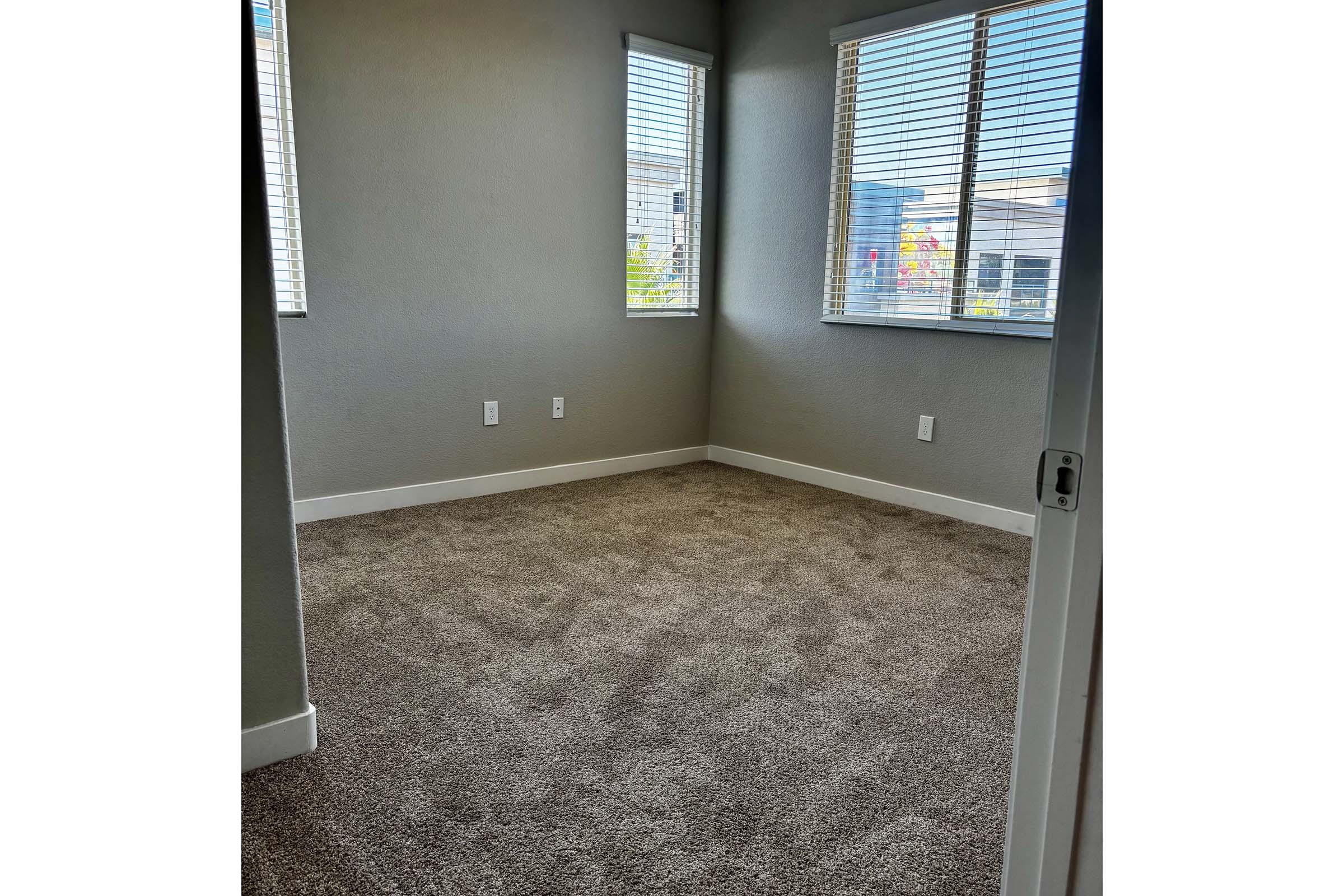 A bright, empty room with beige carpet and light gray walls. There are two windows with horizontal blinds on the left side, allowing natural light in. The room features two electrical outlets on the wall and a door partially open at the right side, showcasing a clean and simple design.