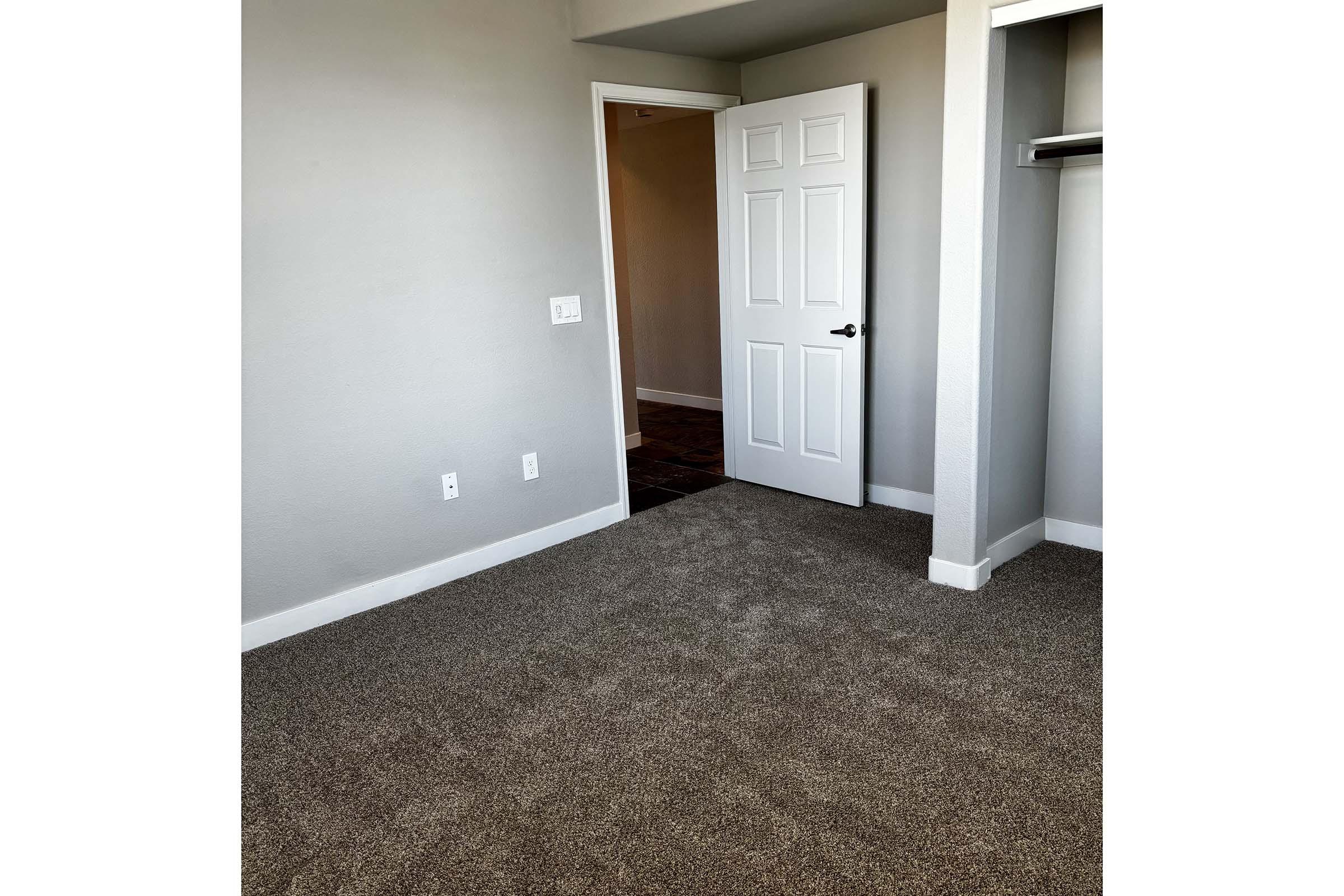 A partially empty room with gray walls and a carpeted floor. A white door is slightly open, leading to another room. There is a small closet with no door visible, and two electrical outlets on the wall. The overall lighting is bright and neutral, suggesting a modern living space.