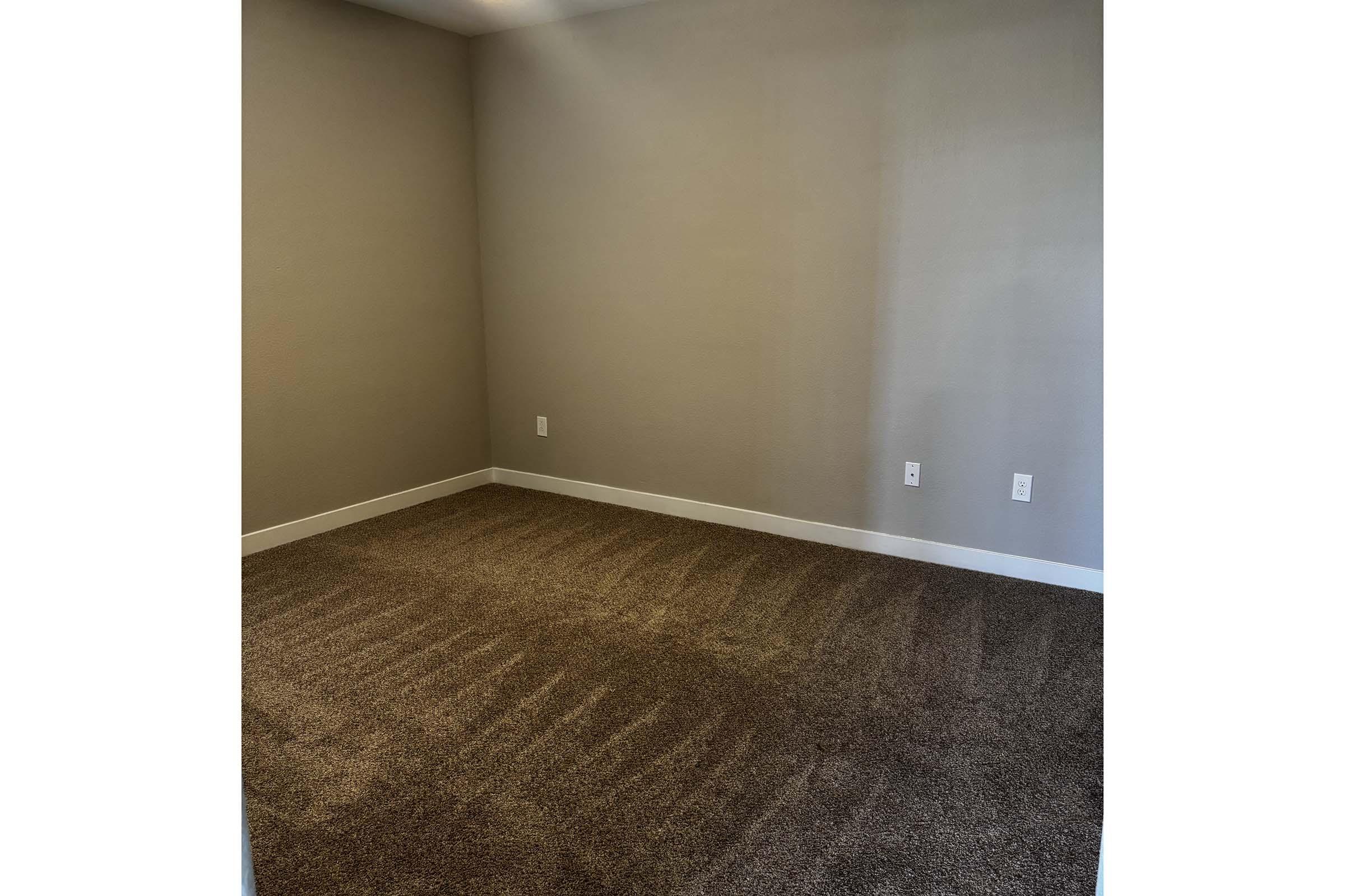 Empty room with light brown carpet and beige walls. There are two electrical outlets on the wall, and the room has a simple and clean aesthetic, emphasizing a spacious and uncluttered environment.