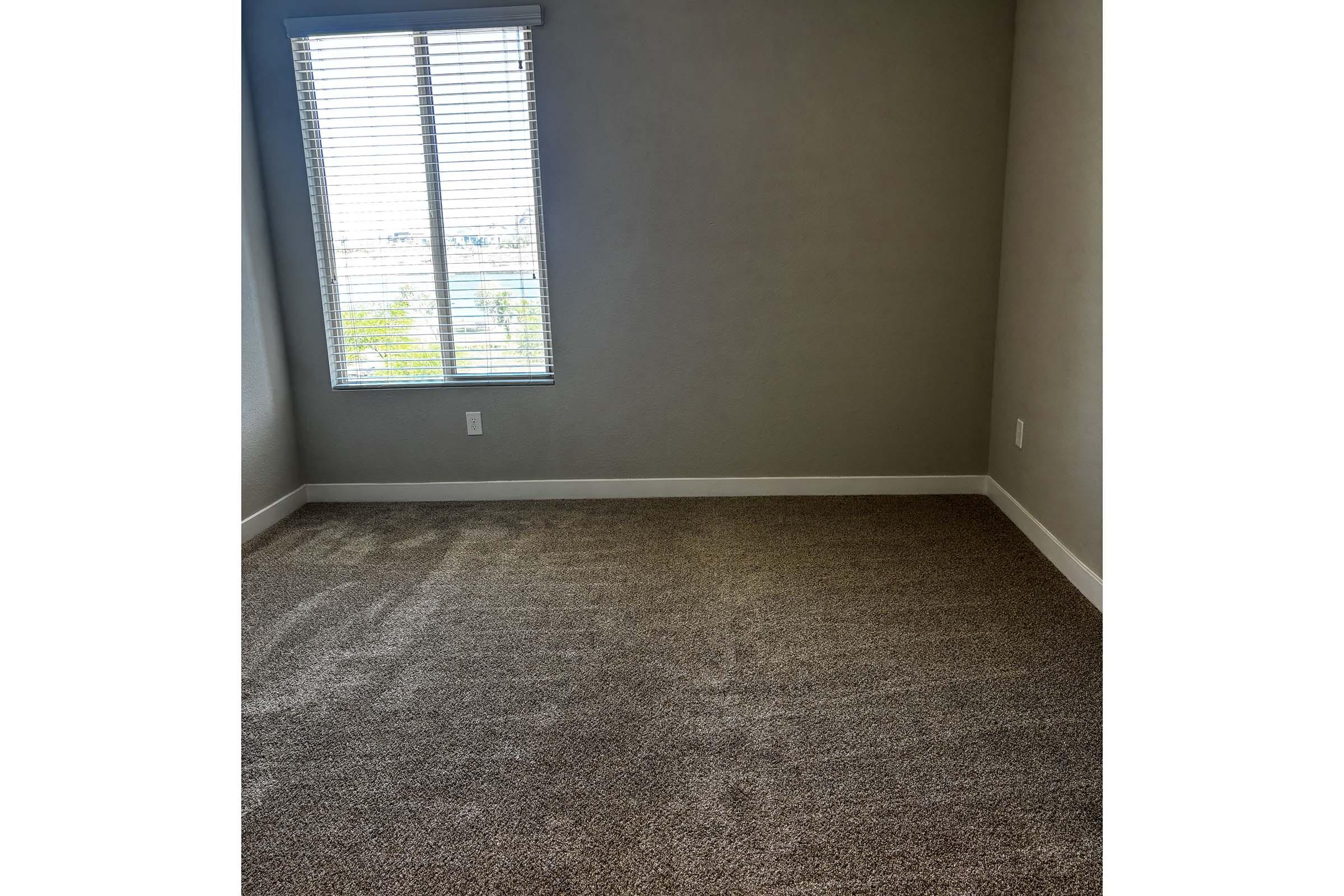Empty room with light-colored walls and a large window covered by blinds. The floor is carpeted in a neutral tone, and there is no furniture present. Natural light enters the space, highlighting the clean and simple design.