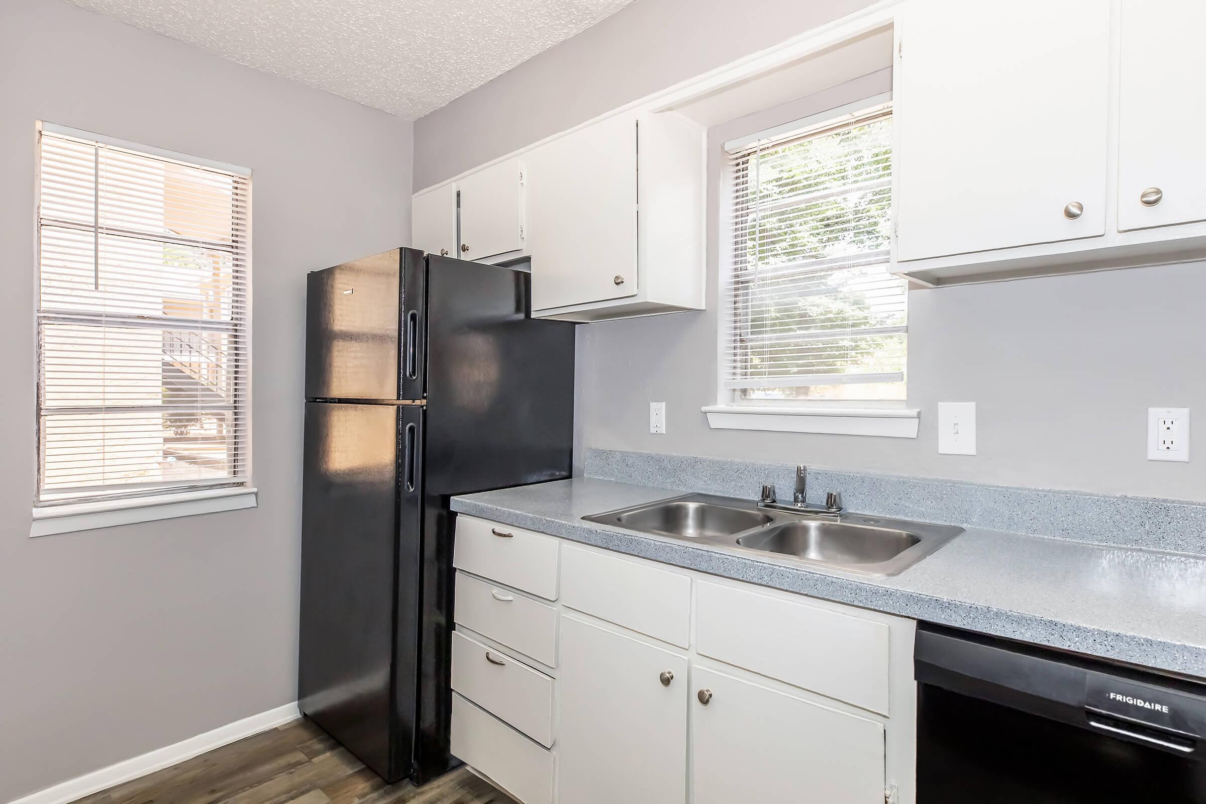 Modern kitchen featuring a black refrigerator, a double sink, and white cabinetry. Light gray walls and natural light from two windows enhance the space, which has a sleek countertop and wooden flooring, creating a contemporary look.