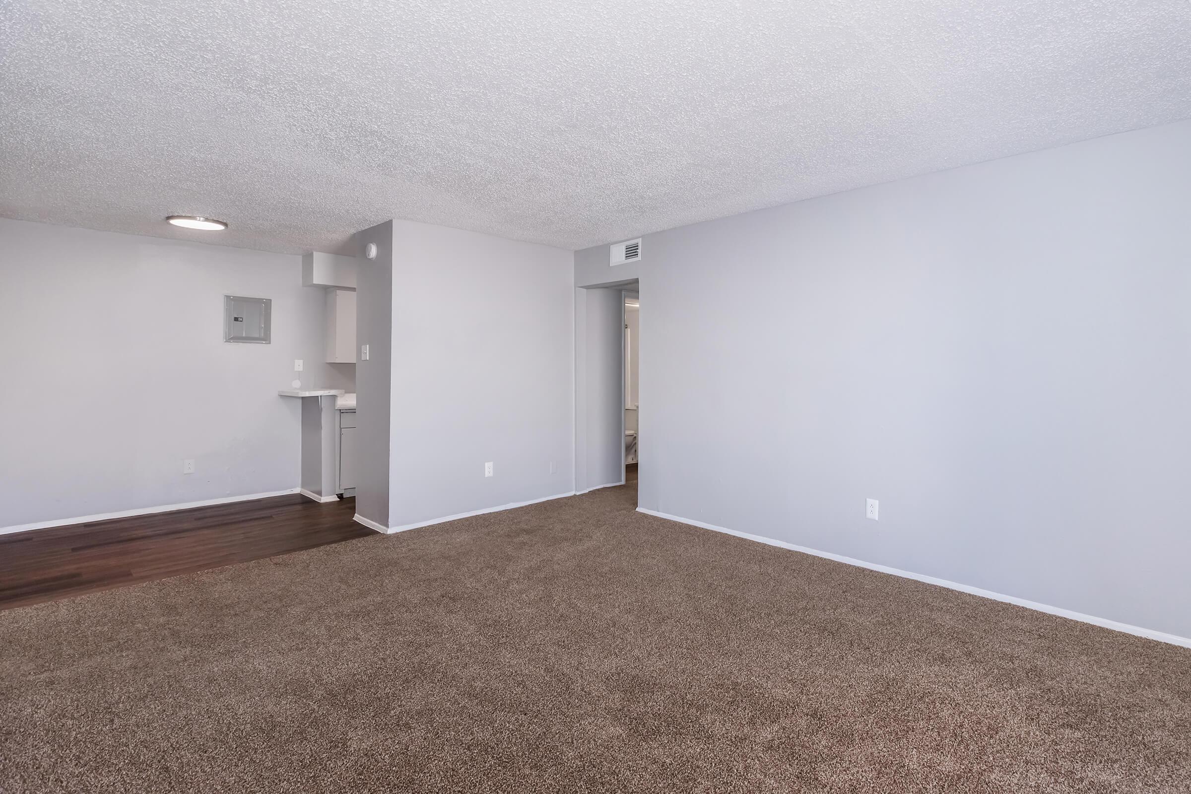 A spacious, empty living room with light gray walls and a textured ceiling. The floor is covered in plush, brown carpet. To the left, there's an alcove with a small ledge, and a doorway leads to another room on the right. Natural light brightens the space, creating an inviting atmosphere.