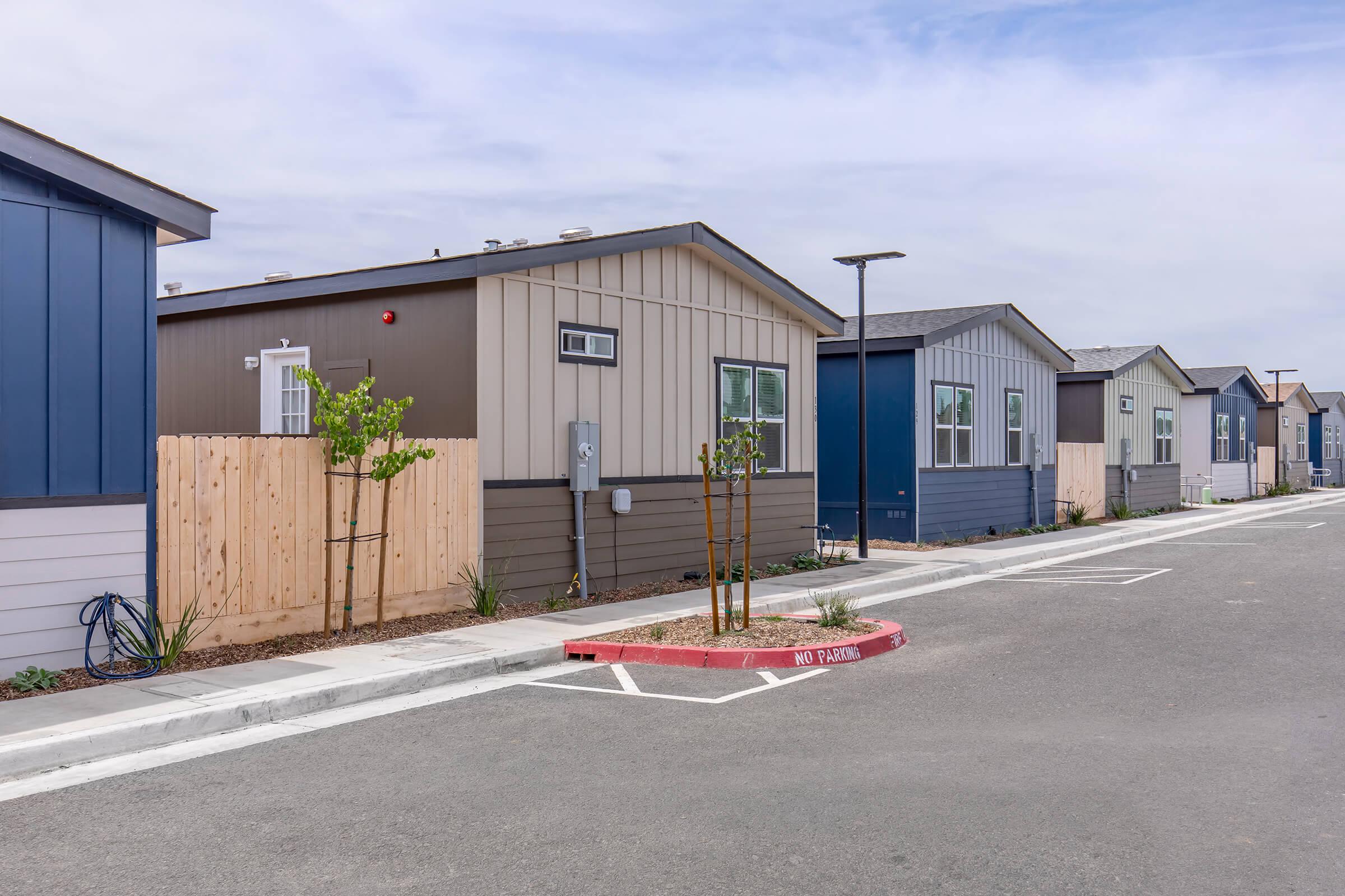 A row of modern tiny homes in a residential area, with a paved road in front. The homes have varied colors and designs, with some featuring wooden accents. Young trees are planted along the sidewalk, and there is a "No Parking" sign on the curb. The sky is partly cloudy, giving a bright and welcoming atmosphere.