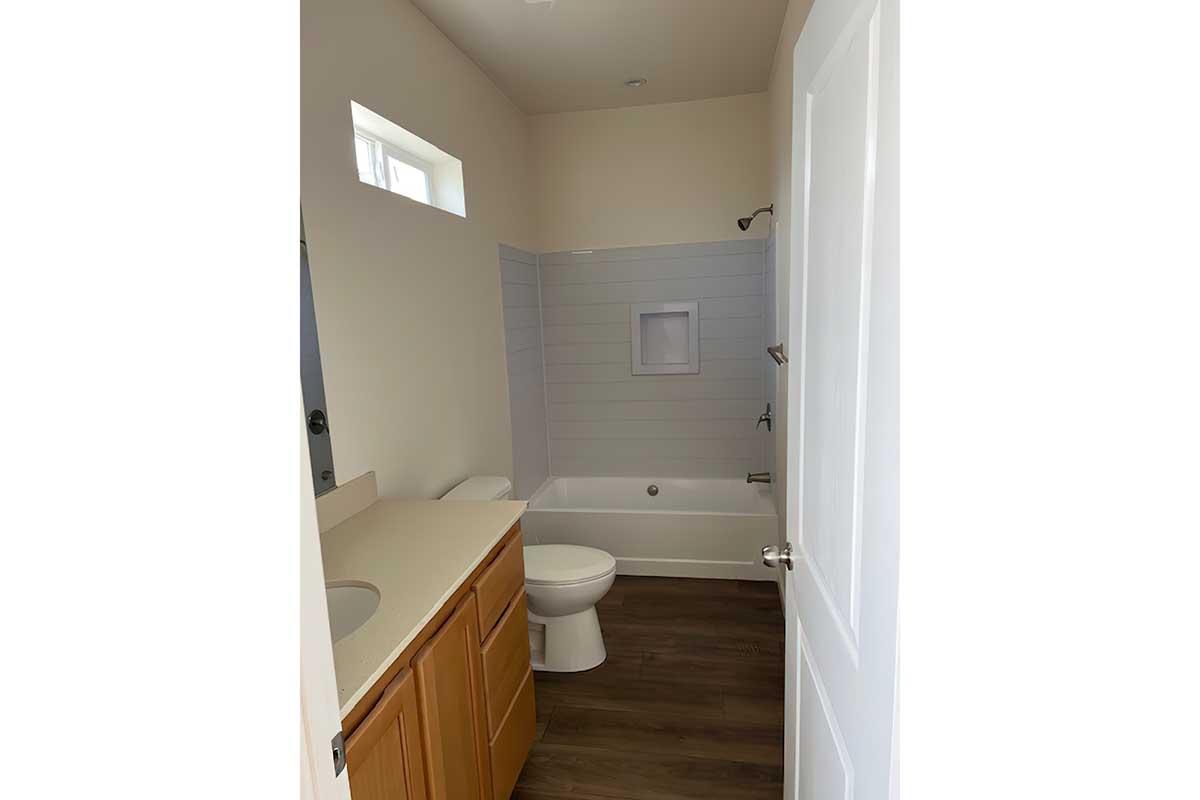 A clean and modern bathroom featuring a bathtub with a shower, a toilet, and a sink with wooden cabinetry. The walls are painted in light colors, and a small window provides natural light. The flooring is a dark wood finish, creating a contrast with the lighter elements of the room.