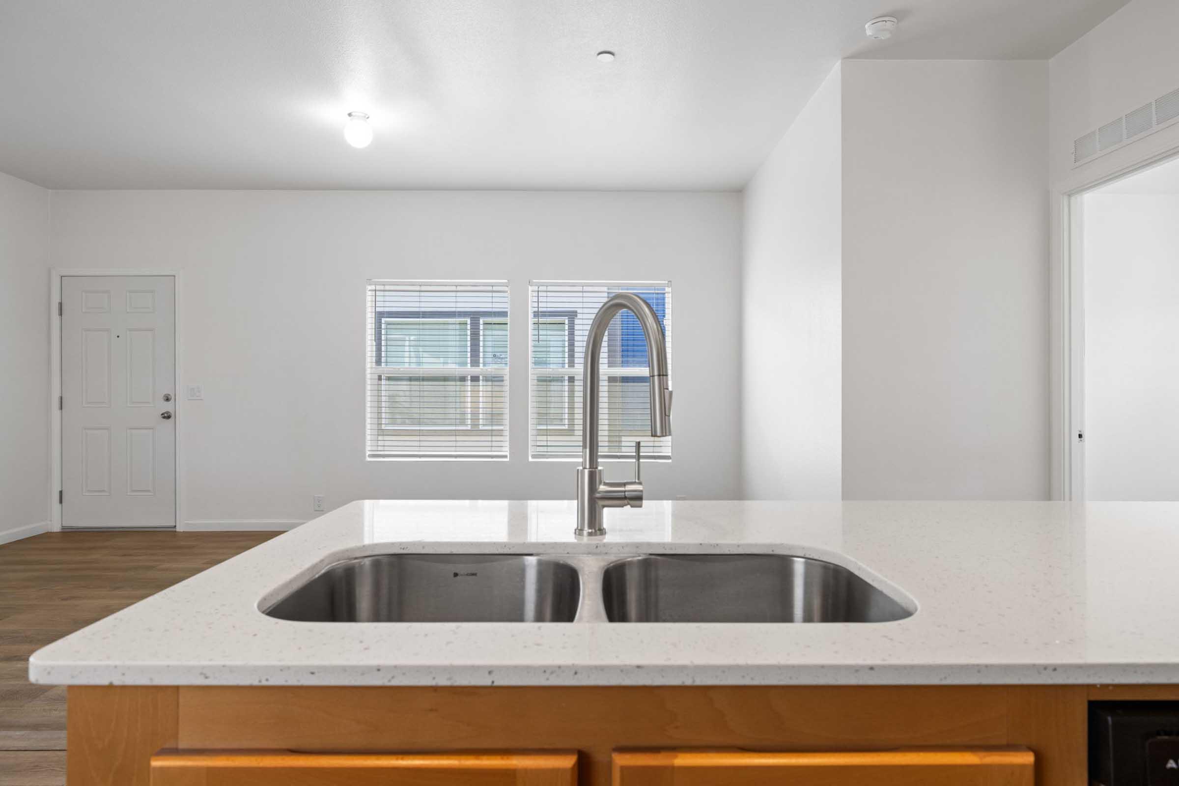 A modern kitchen sink with a two-basin design and a sleek faucet, set against a bright, open-concept living space. Large windows provide natural light, and light-colored walls and wooden flooring enhance the inviting atmosphere. A door and an adjacent room are visible in the background.