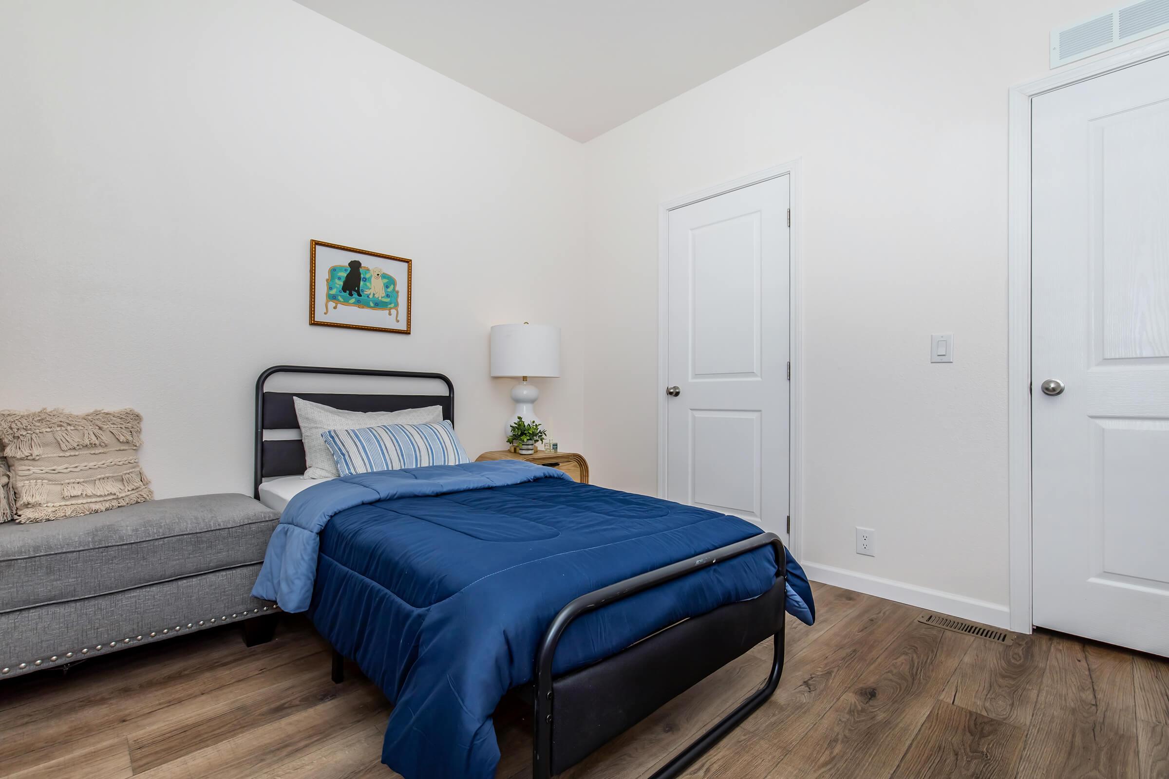 A cozy bedroom featuring a single bed with blue bedding, a gray sofa, a bedside table with a lamp, and wall art. The walls are painted white, and there is a closed door on the right side of the image. Natural light illuminates the space, creating a warm and inviting atmosphere.