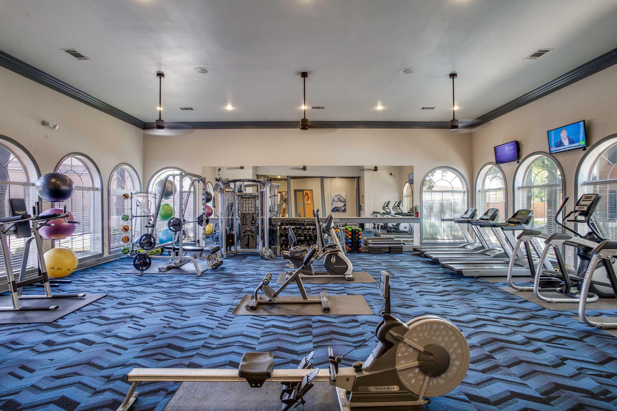A well-equipped gym featuring various exercise machines, including treadmills, rowing machines, and strength training equipment. Large windows provide natural light, and there are colorful exercise balls organized neatly in the corner. A television is mounted on the wall, enhancing the workout atmosphere.