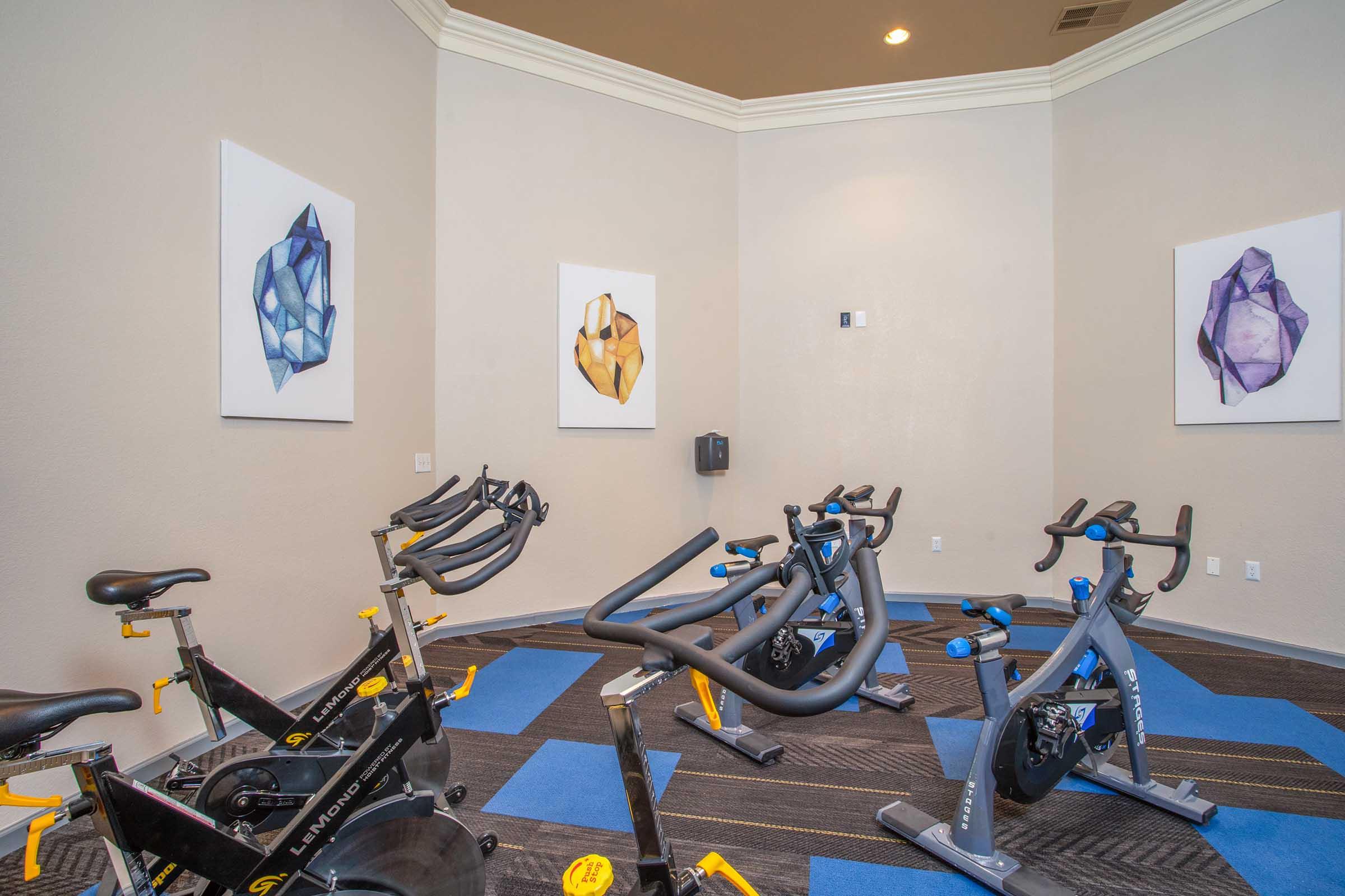 A well-lit fitness room featuring several stationary bikes arranged on a dark carpet. The walls showcase abstract art pieces with colorful geometric shapes. The floor has blue exercise mats, creating a vibrant and inviting atmosphere for a workout session.