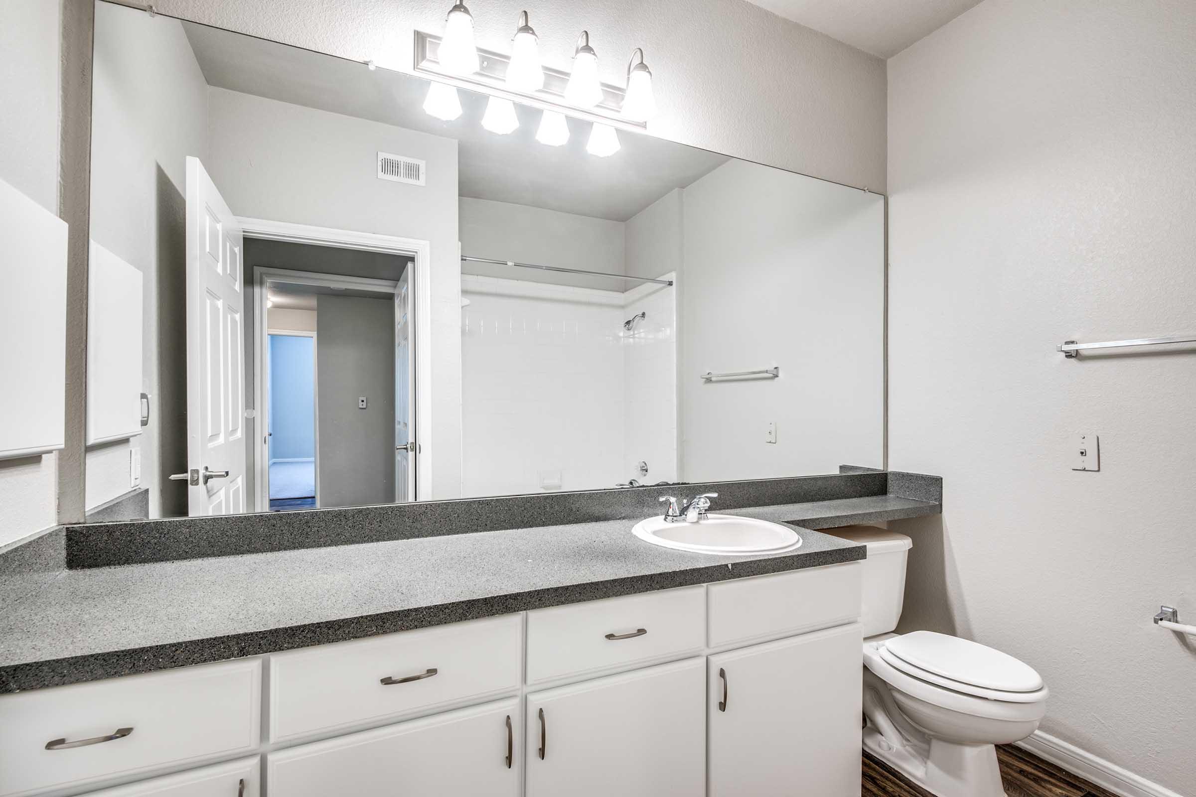 A clean, modern bathroom with a large mirror above a double sink, white cabinetry, and a countertop. The lighting features four bulbs above the mirror. A white toilet is visible beside the sink, and a door leads to another room in the background. The walls are light grey, and the floor appears to be a wood-like material.