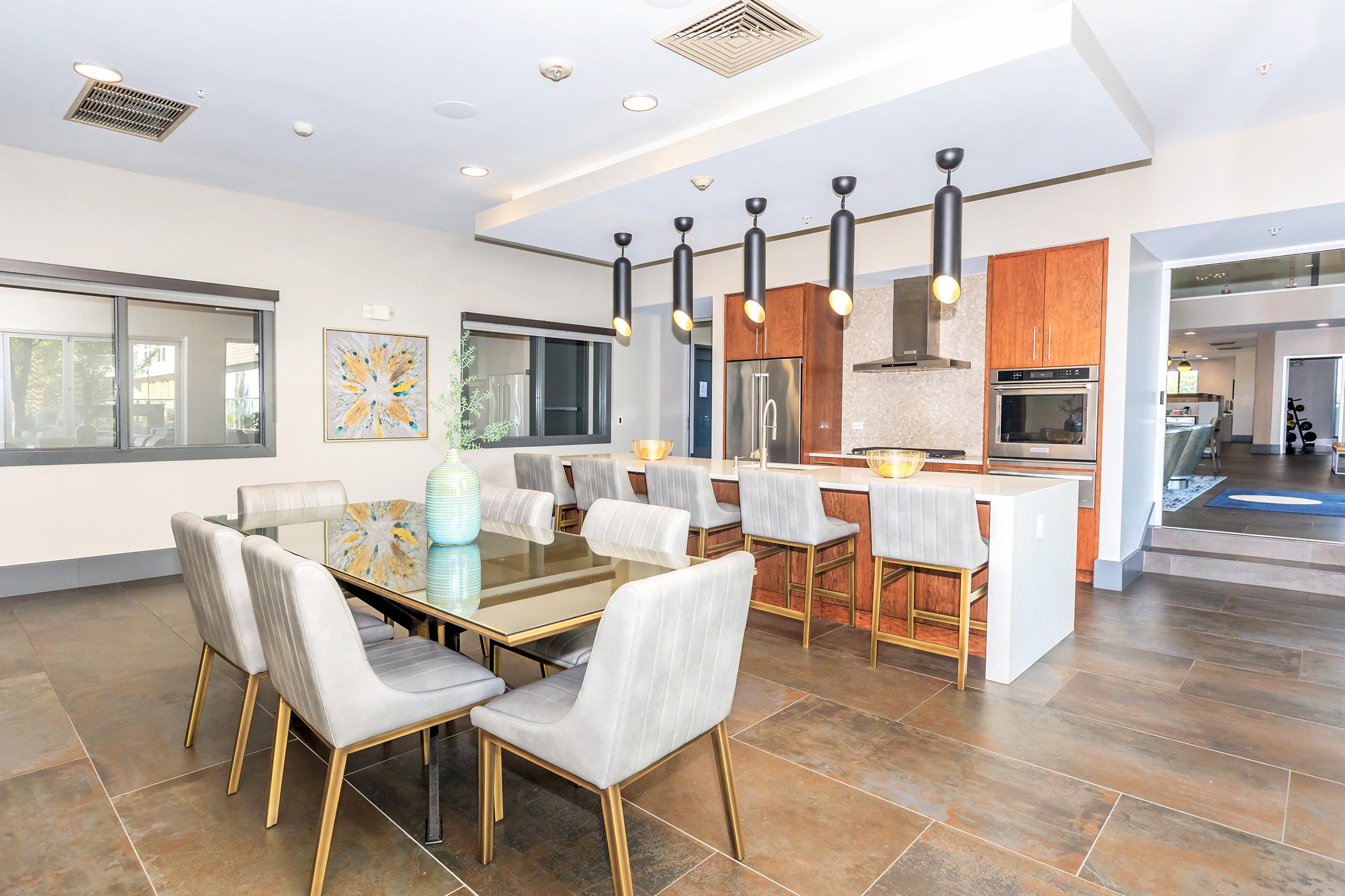 a dining room table in front of a building