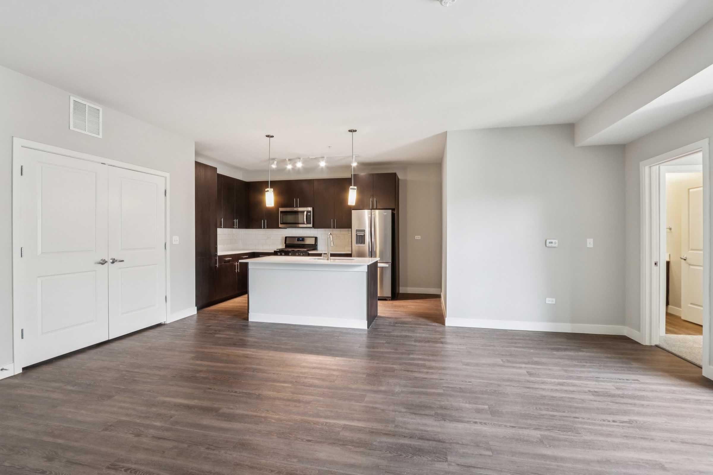 Spacious modern apartment interior featuring an open-concept layout. The kitchen showcases dark cabinets, stainless steel appliances, and a large island. Light-colored walls complement the warm wood-like flooring. Two doors lead to other rooms, with natural light illuminating the space.