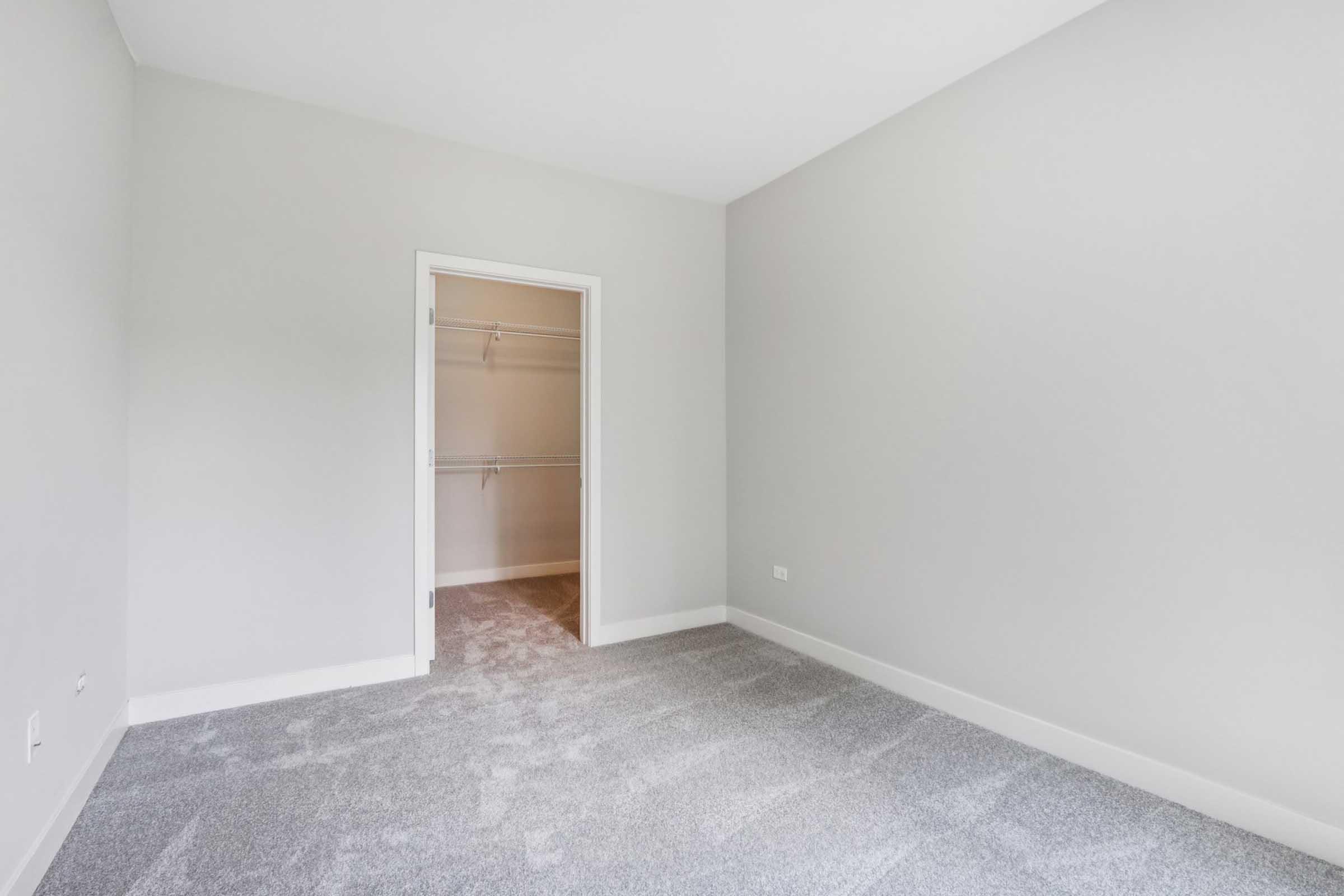 A spacious, empty room with light gray walls and a plush carpet. There is a doorway leading to a closet with shelving. The room has a bright, airy feel, suitable for various purposes such as a bedroom or office.