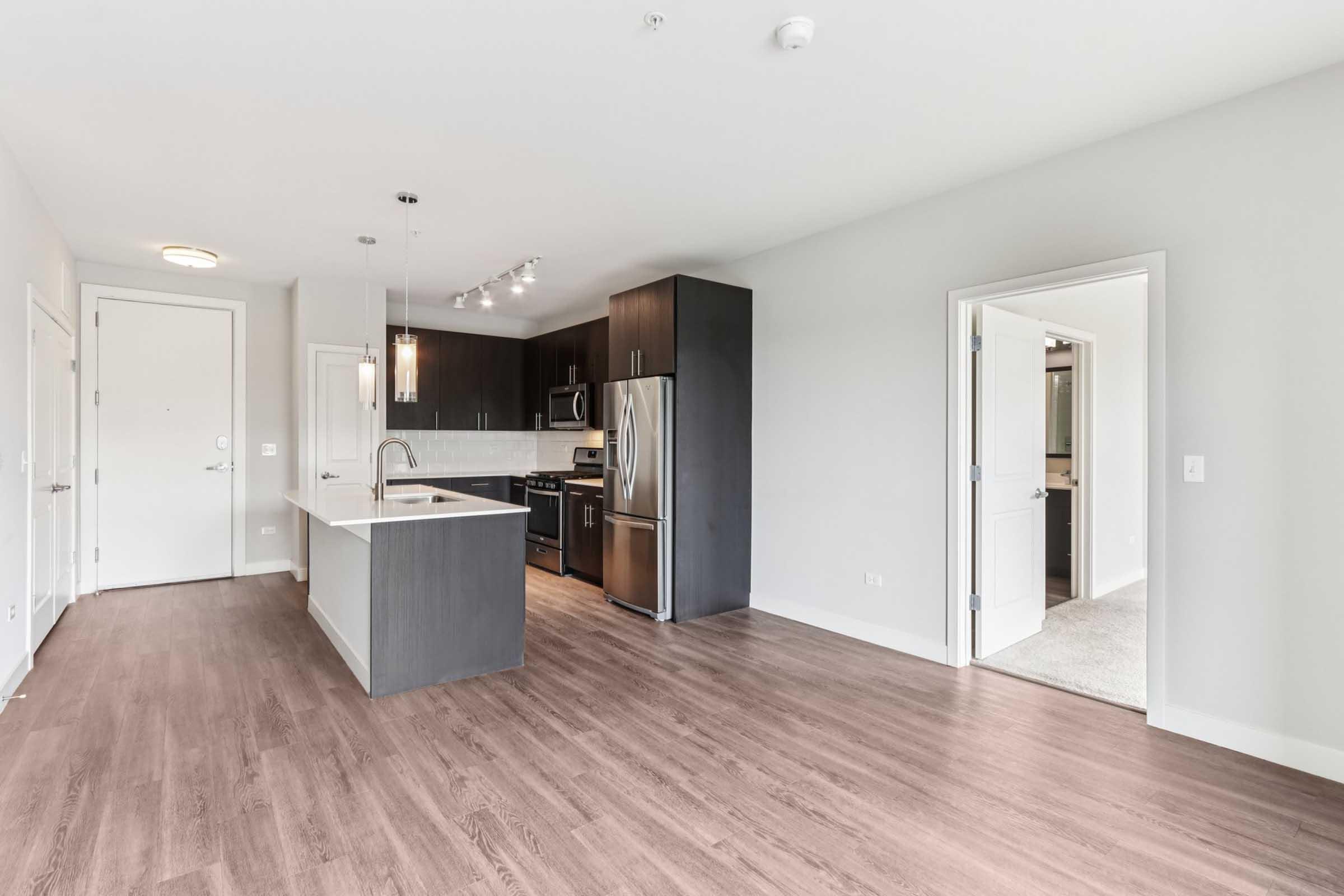 A modern kitchen and living area with open floor plan. Features include a kitchen island with a sink, stainless steel appliances, dark cabinetry, and hardwood flooring. Doorways lead to other rooms, while large windows provide natural light. The walls are painted in a light gray color.