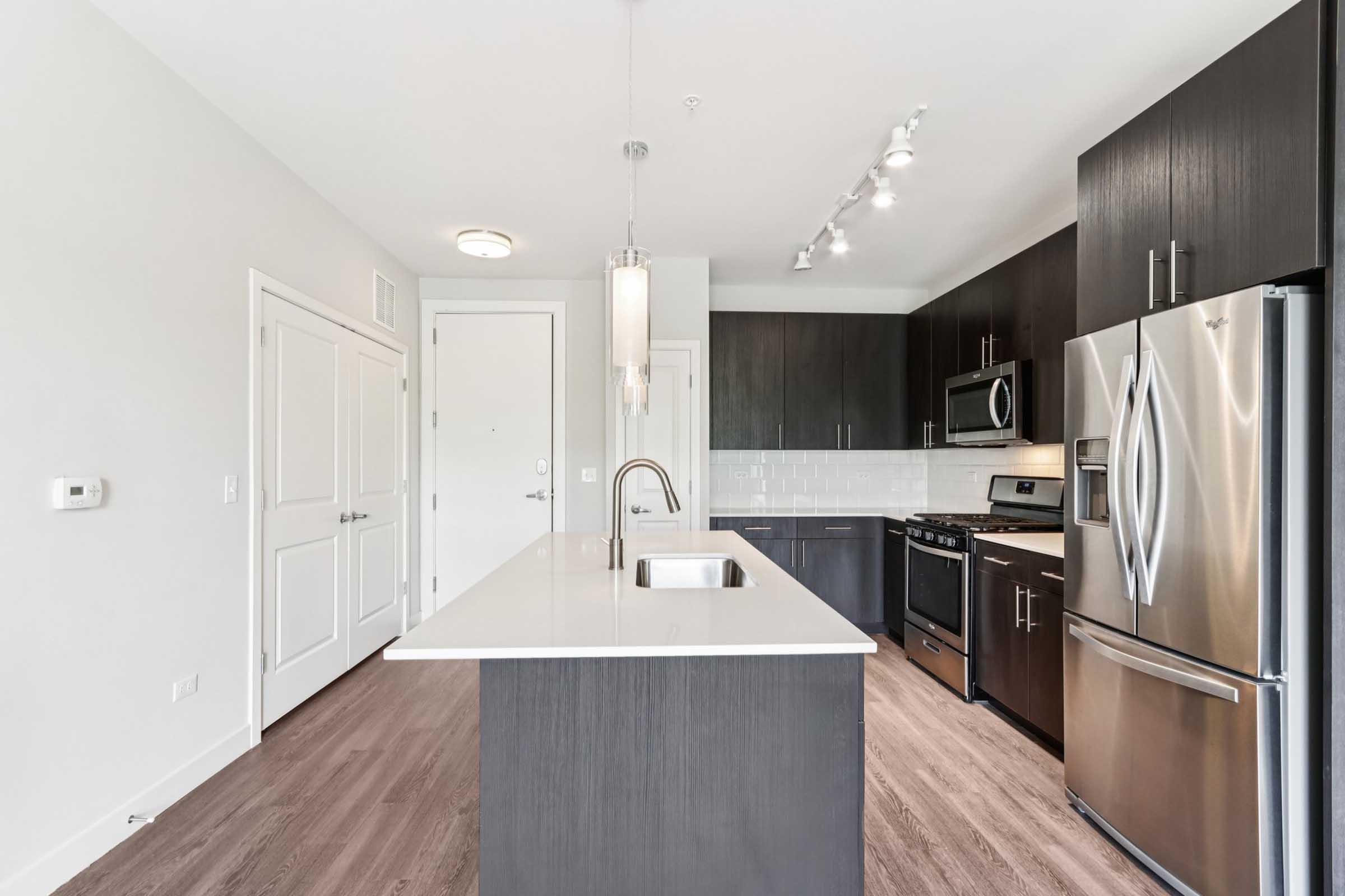 Modern kitchen featuring dark cabinetry, stainless steel appliances, and an island with a sink. Bright, open layout with ample lighting and a neutral color palette. The walls are painted light gray, and the flooring is a warm wood finish. Doorway leads to an entry area.