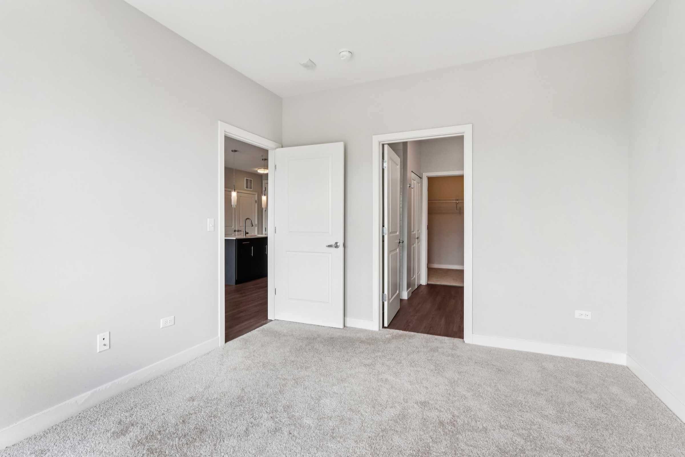 A spacious, light-colored room featuring plush carpet flooring, with two doorways leading to adjacent areas. One doorway opens to a well-lit kitchen space, while the other leads to a closet. The walls are painted in a soft gray shade, creating a neutral and modern atmosphere.