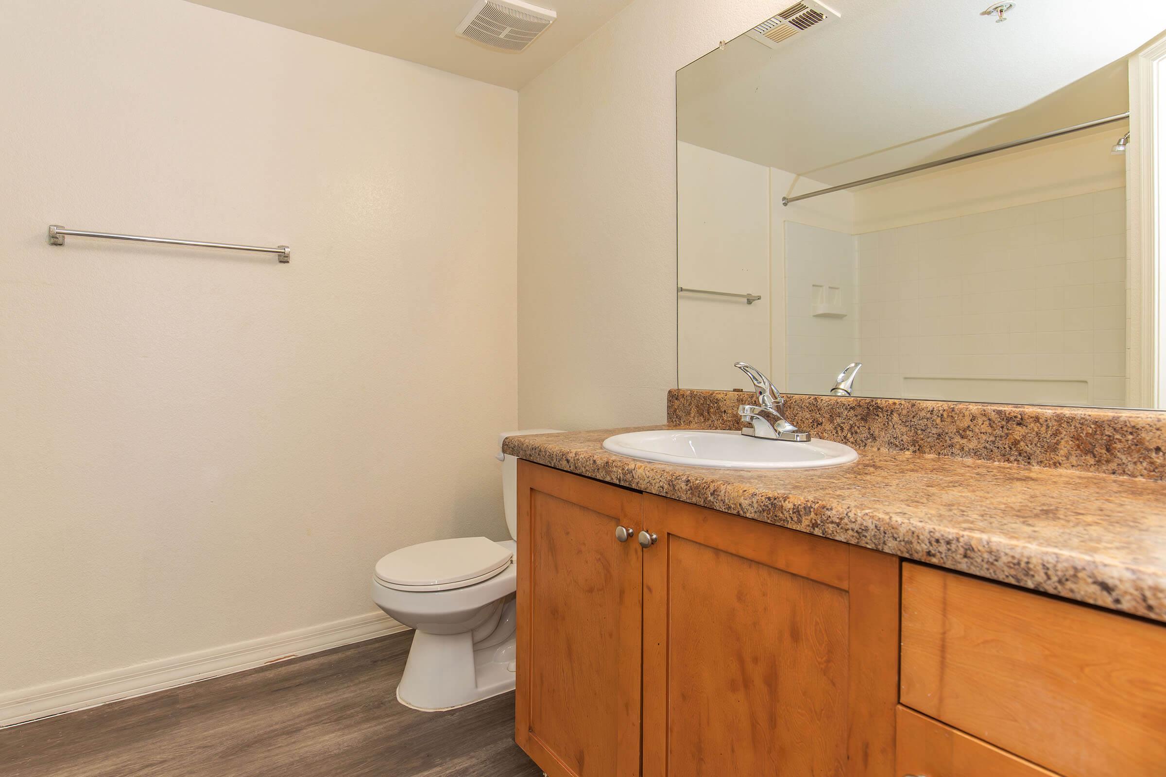 A spacious bathroom featuring a countertop sink with a modern faucet, a large mirror above the sink, a toilet, and a towel rack. The walls are painted a light color, and the flooring is a wood-like material. There is a glass shower enclosure visible in the background.