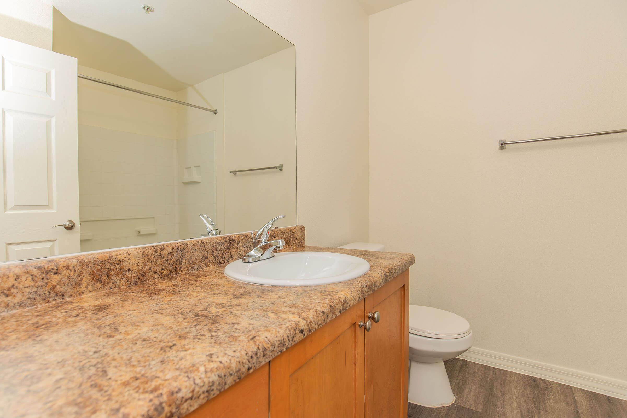 A bathroom featuring a countertop with a sink and faucet, a large mirror above the sink, and a toilet. The walls are painted a light color, and there is a towel bar mounted on the wall. The floor has a wood-like finish, and there is a sliding door leading to a shower area in the background.