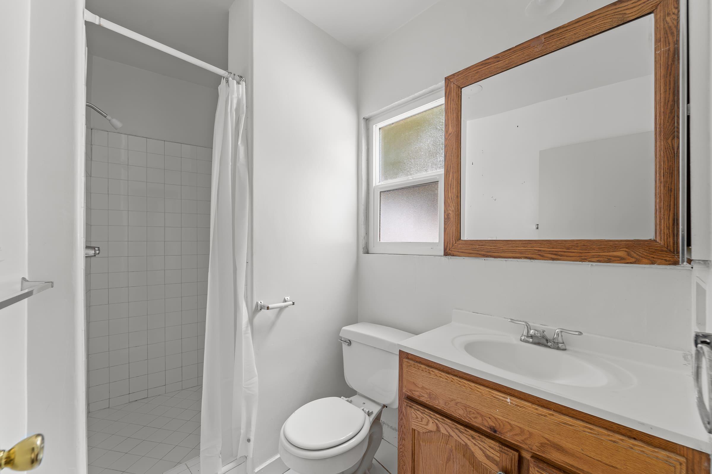 a shower that has a sink and a mirror