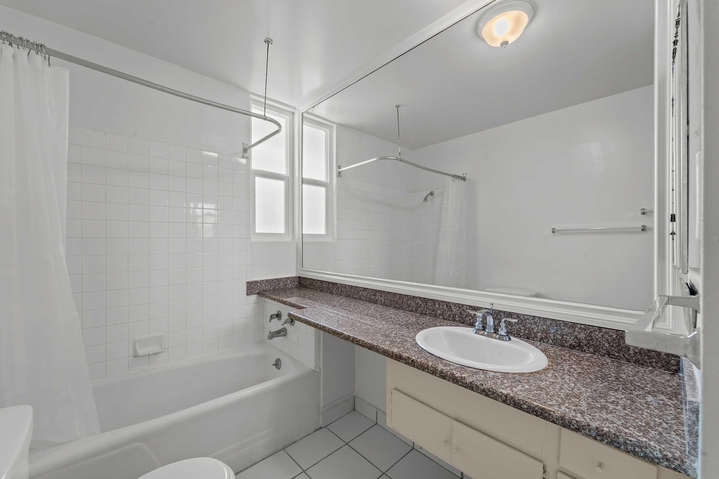 a shower that has a sink and a mirror