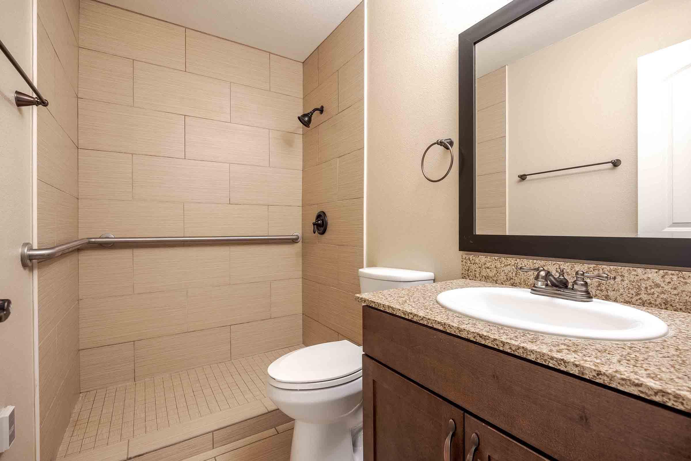 a restroom with a sink and a mirror