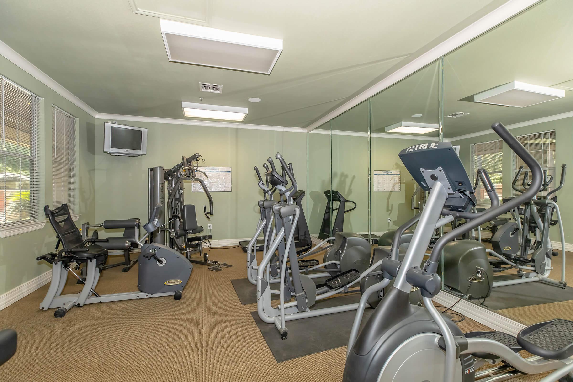 A well-equipped fitness room featuring various exercise machines, including a weight machine, stationary bike, and treadmill. The space is bright with large mirrors on one wall and a television mounted on the opposite wall, providing a conducive environment for workouts.