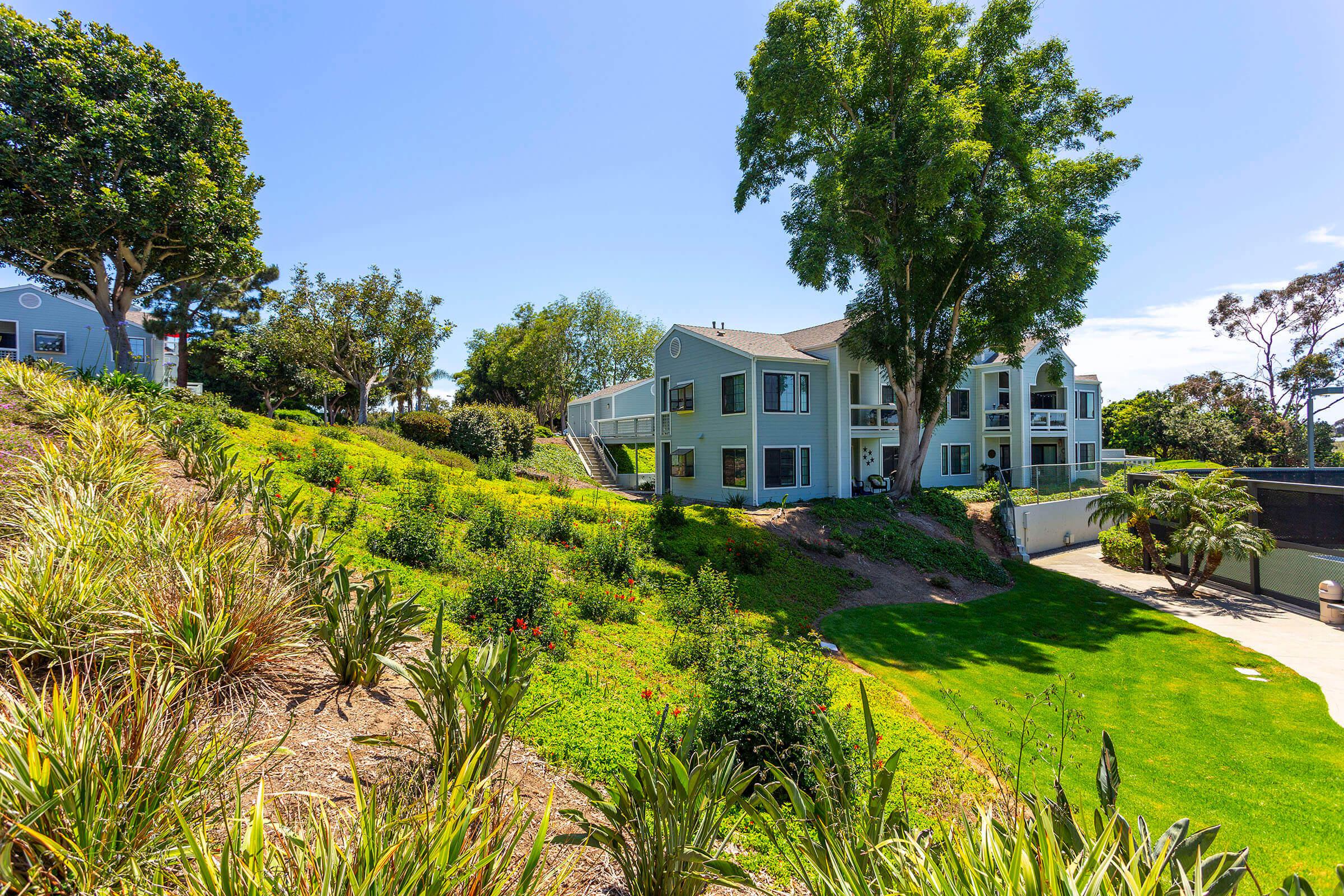 a house with bushes in the background