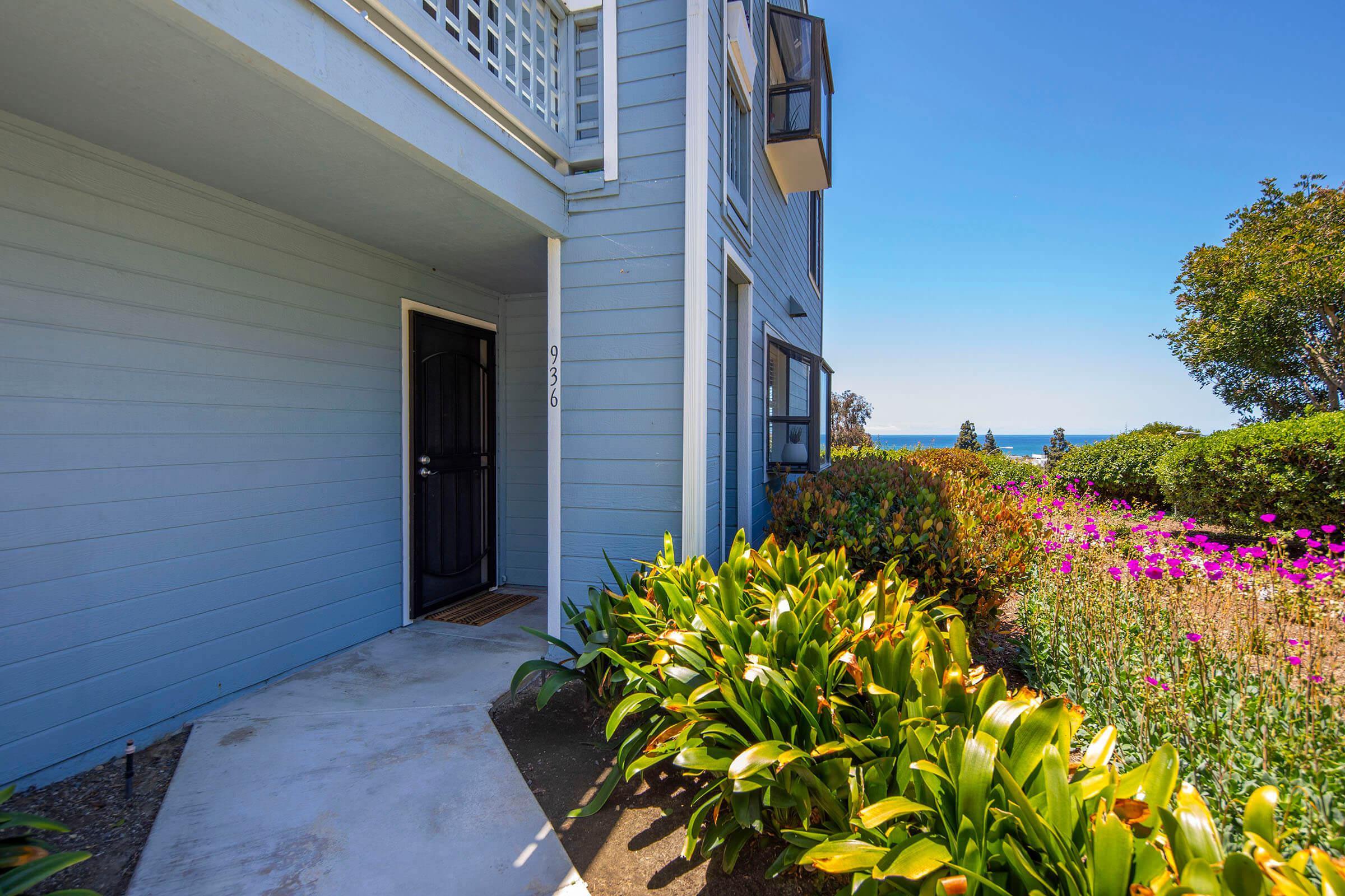 a close up of a flower garden in front of a building