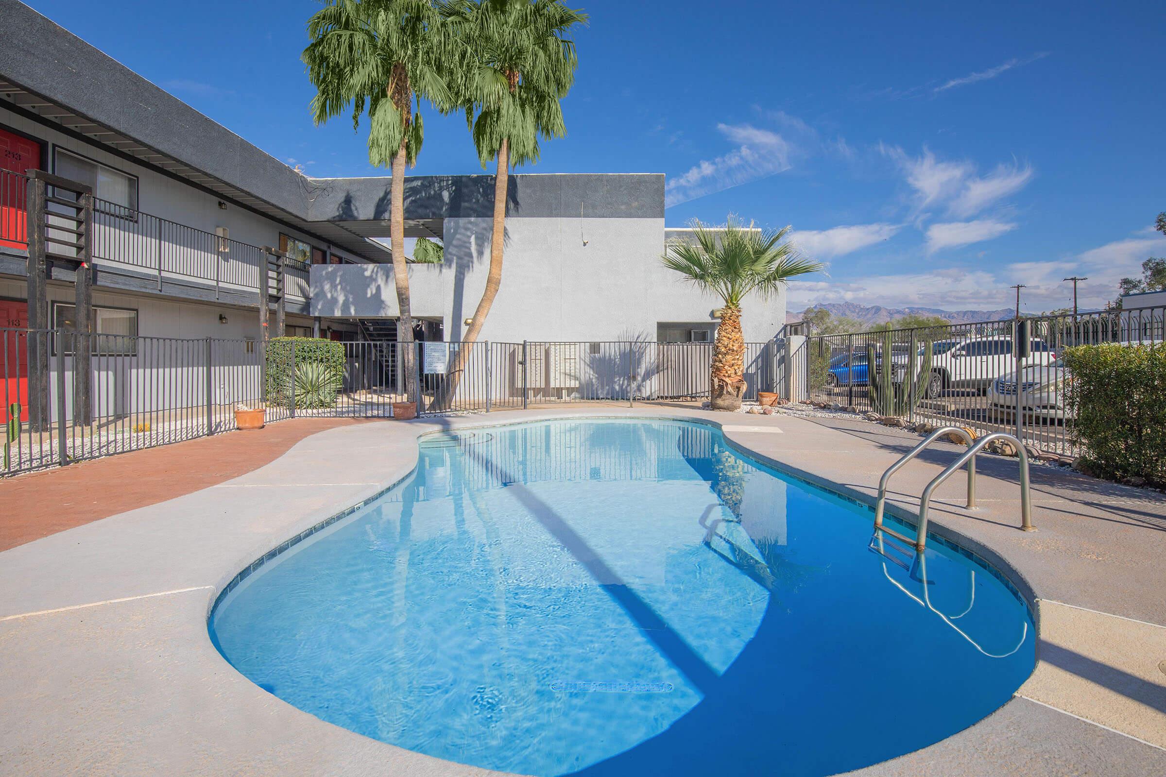 a pool outside of a building