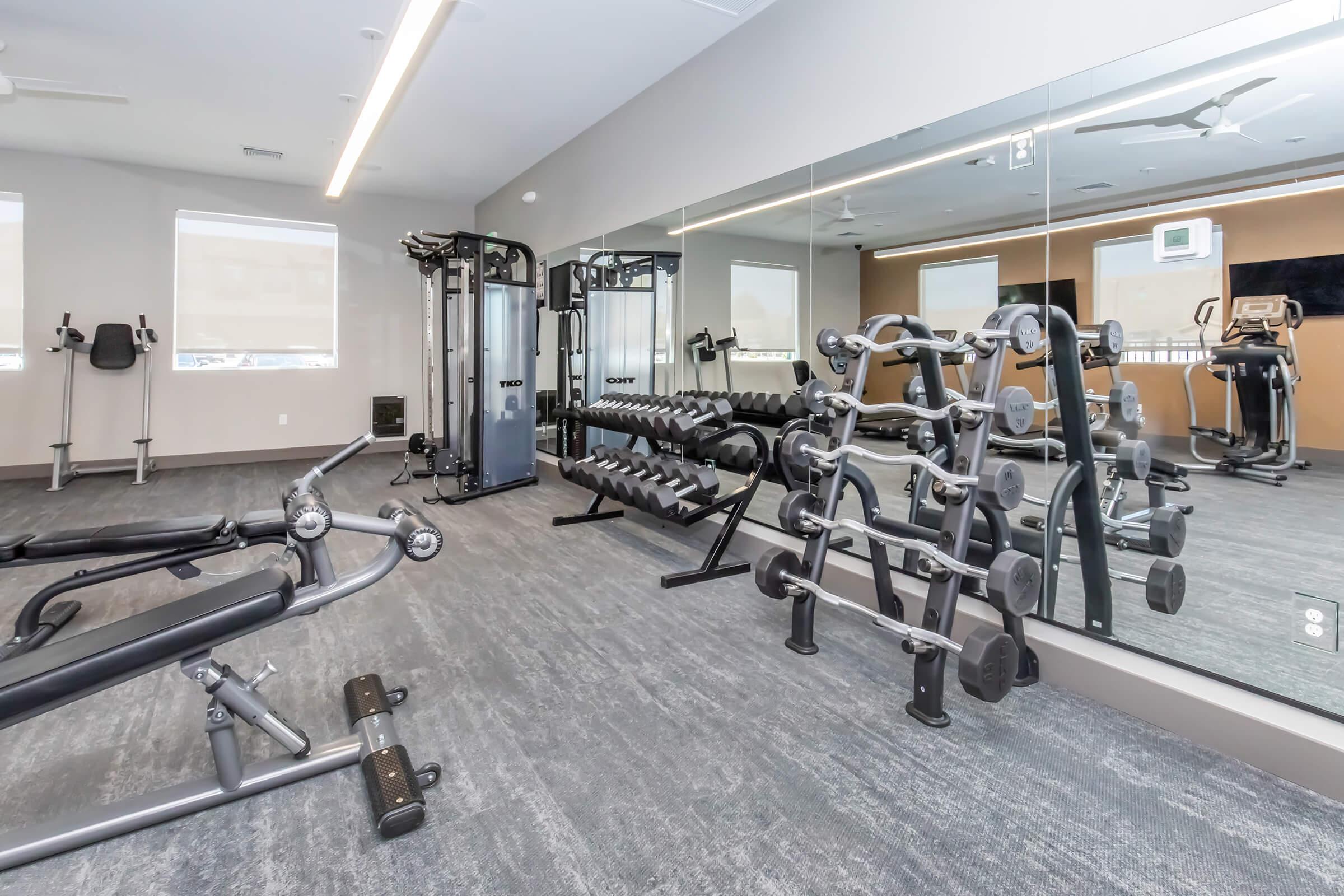 A modern gym interior featuring exercise equipment. The room includes weightlifting benches, dumbbell racks, and a cable machine. Floor-to-ceiling mirrors reflect the space, and large windows provide natural light, creating an inviting atmosphere for workouts.