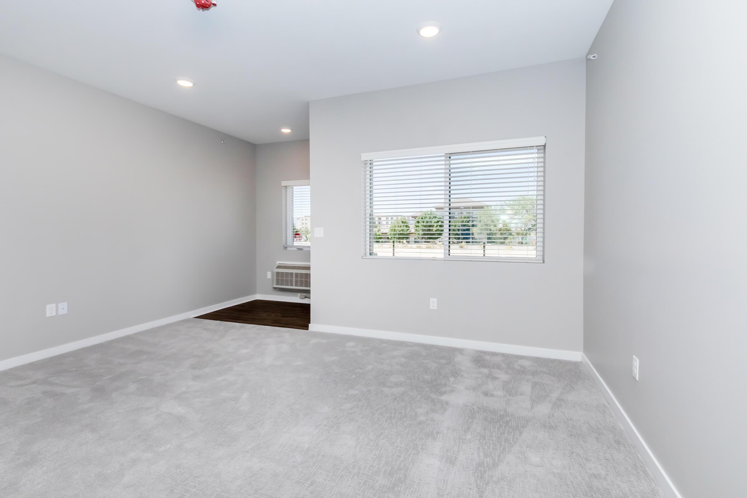 Empty room with light gray walls and carpet. It features a window with horizontal blinds, allowing natural light to enter. The flooring is carpeted, and there is a wall-mounted air conditioning unit visible. The space is uncluttered and appears ready for furniture or decoration.