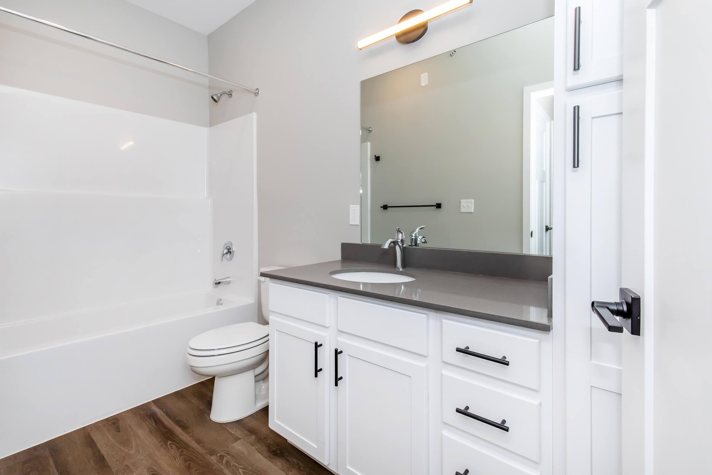 A modern bathroom featuring a white bathtub, gray countertop with a sink, and a large mirror. The walls are painted light gray, and there is a small window allowing natural light. The floor is made of wood-like material, and black hardware contrasts with the white cabinetry.