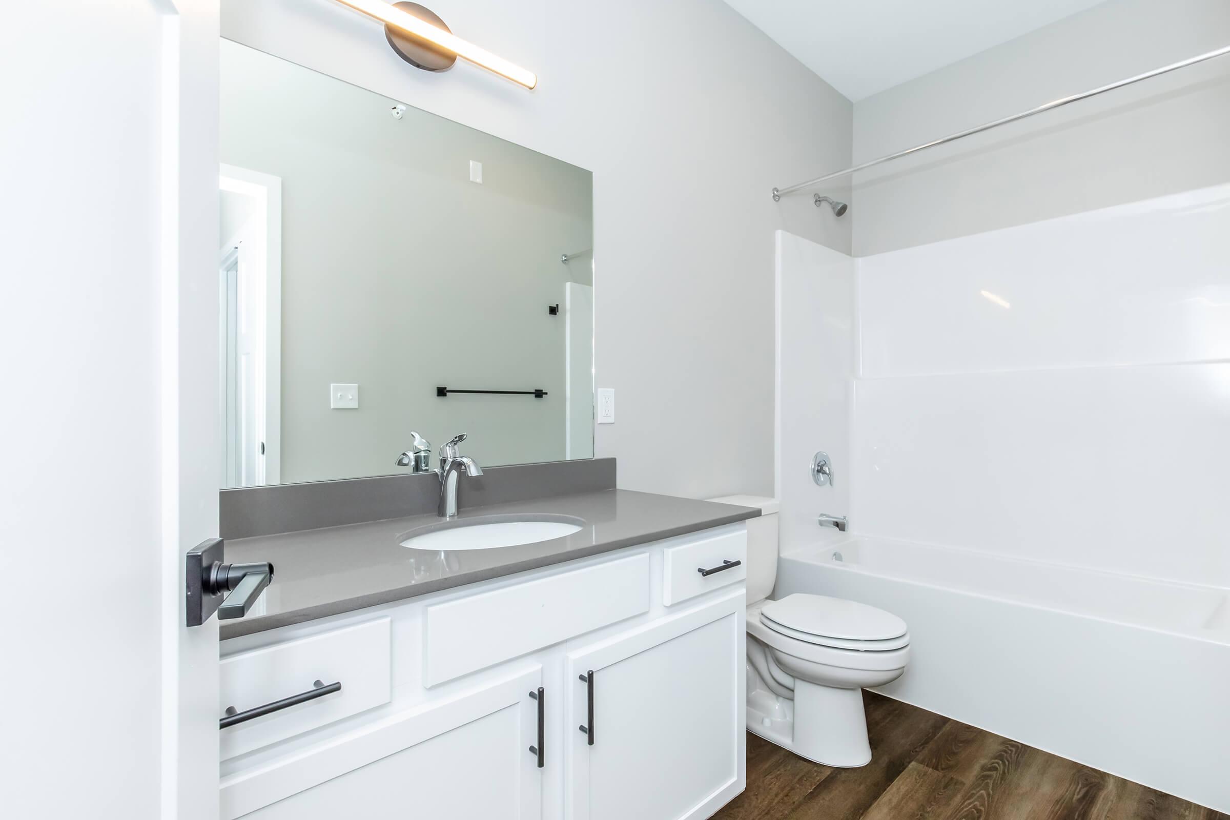 Modern bathroom featuring a white vanity with a sink, a mirror above it, a bathtub with a shower curtain, and a toilet. The walls are painted light gray, and the floor is a wood-like laminate. Natural light enters the space, enhancing its clean and contemporary look.