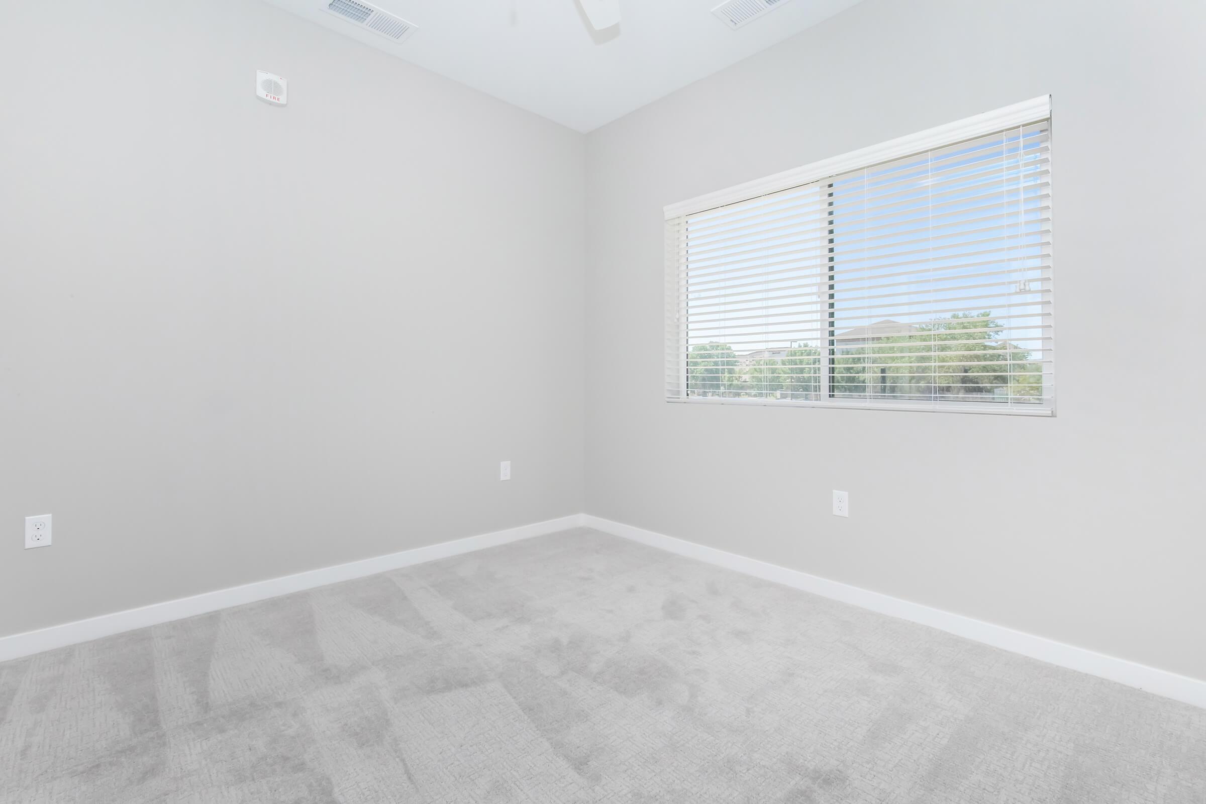A bright, empty room with light gray walls and a large window covered by white blinds. The floor is carpeted in a soft, light color. Sunlight streams in through the window, illuminating the space, which has no furniture or decorations.