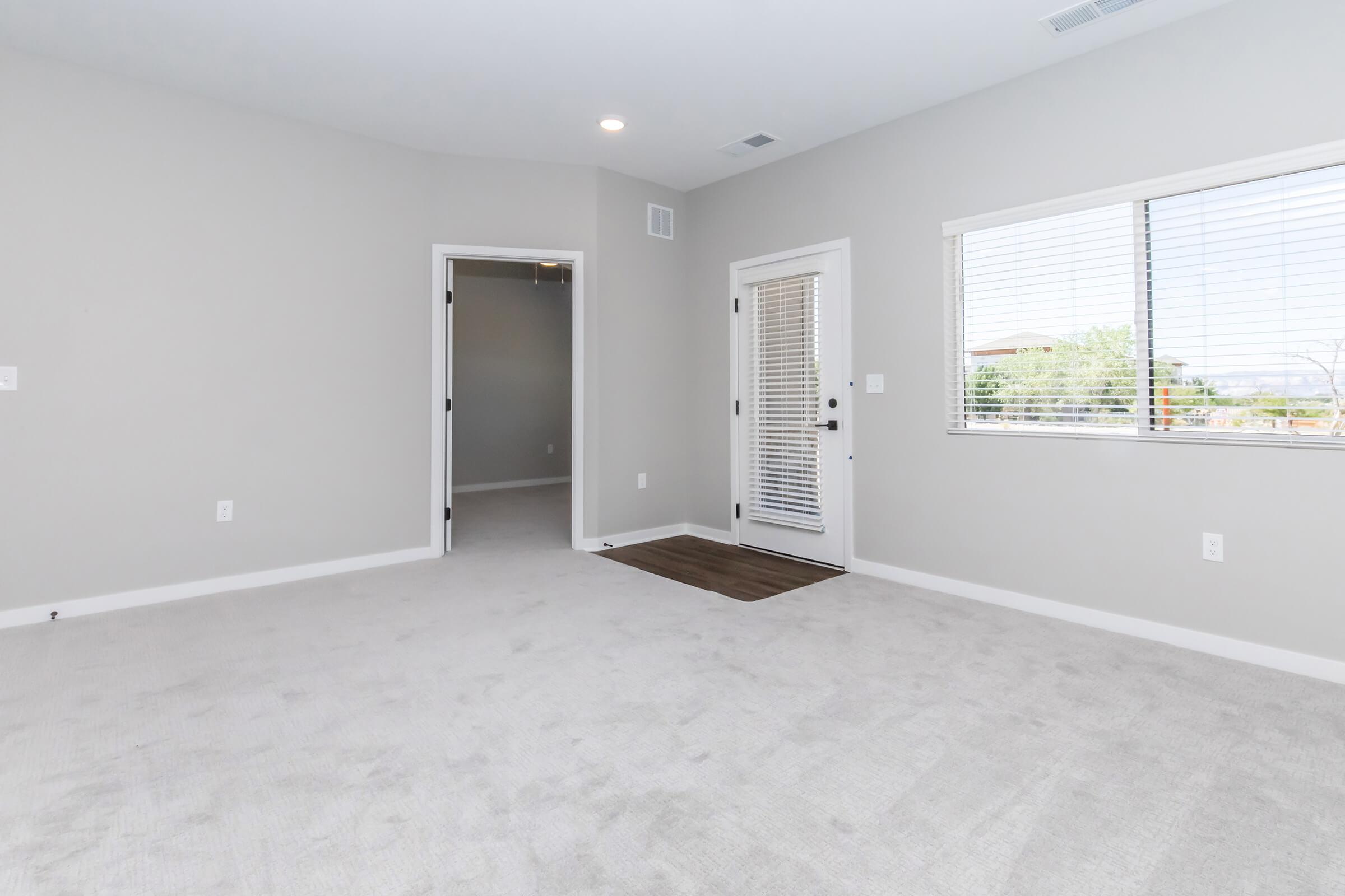 Spacious, empty room with light gray walls and a neutral carpet. Features a window with blinds allowing natural light, a door leading outside, and an open doorway to another room. Simple and modern design, suitable for various furnishings.