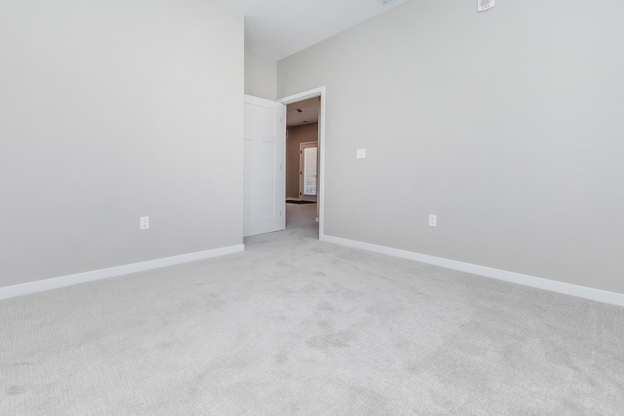 A spacious, empty room with light gray walls and soft carpet. There's a doorway leading to another room, and natural light is coming from the entrance. The space appears clean and well-maintained, suitable for various uses or furnishings.