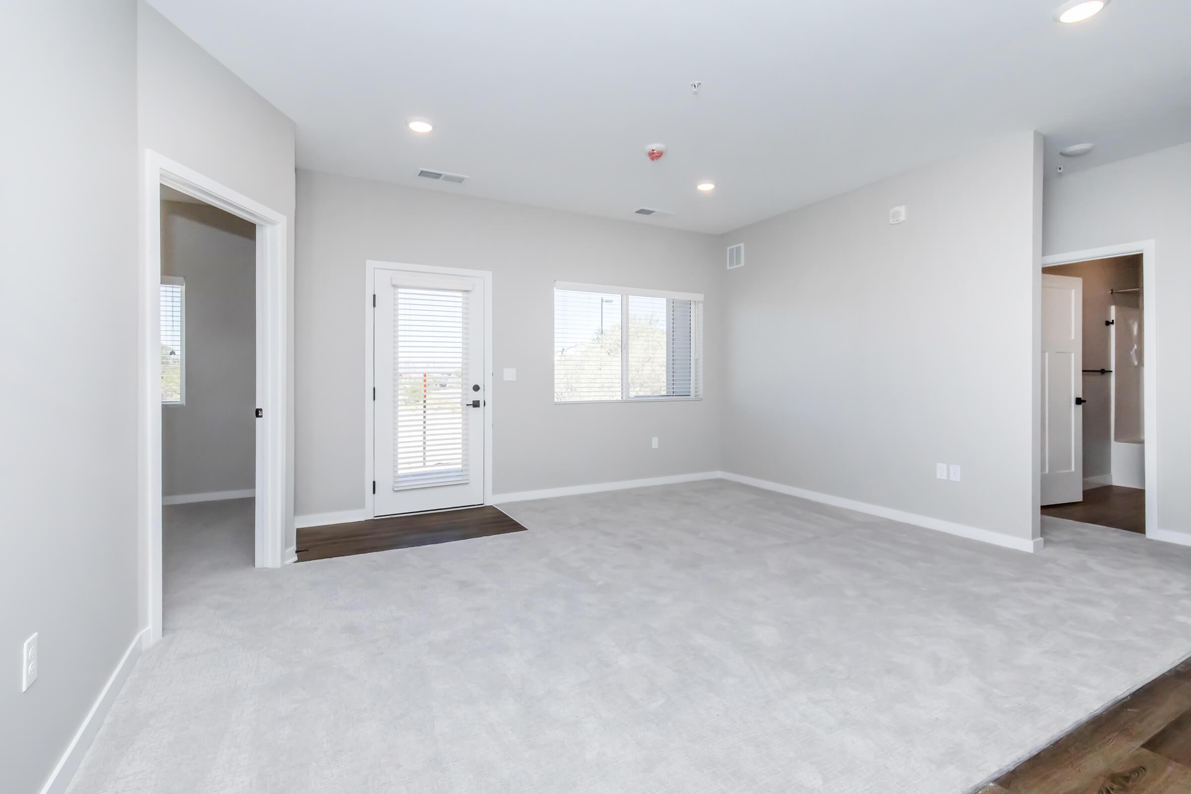 A spacious, empty room with light gray walls and a soft carpeted floor. There are two doorways, one leading to an exterior patio and the other to a bathroom. Natural light enters through multiple windows, creating a bright atmosphere. The overall look is modern and minimalistic.