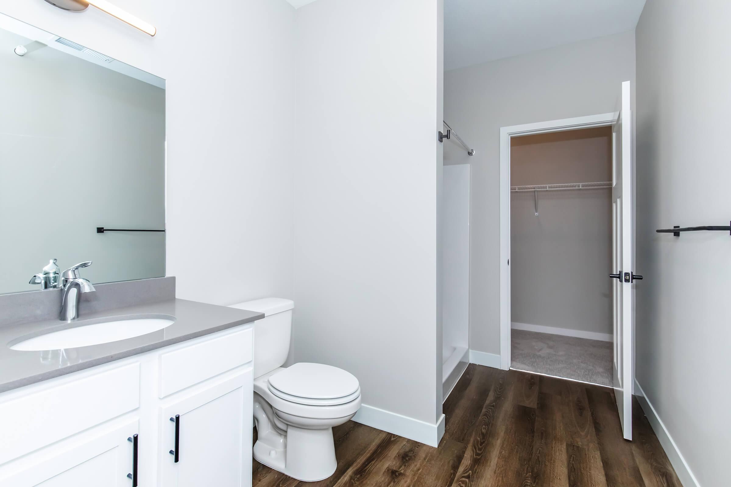 A modern bathroom featuring a white vanity with a mirror, a toilet, and a walk-in shower. The walls are painted light gray, and the flooring is a warm wood tone. A doorway leads to a closet space with shelving. Natural light brightens the room, giving it a fresh and spacious feel.