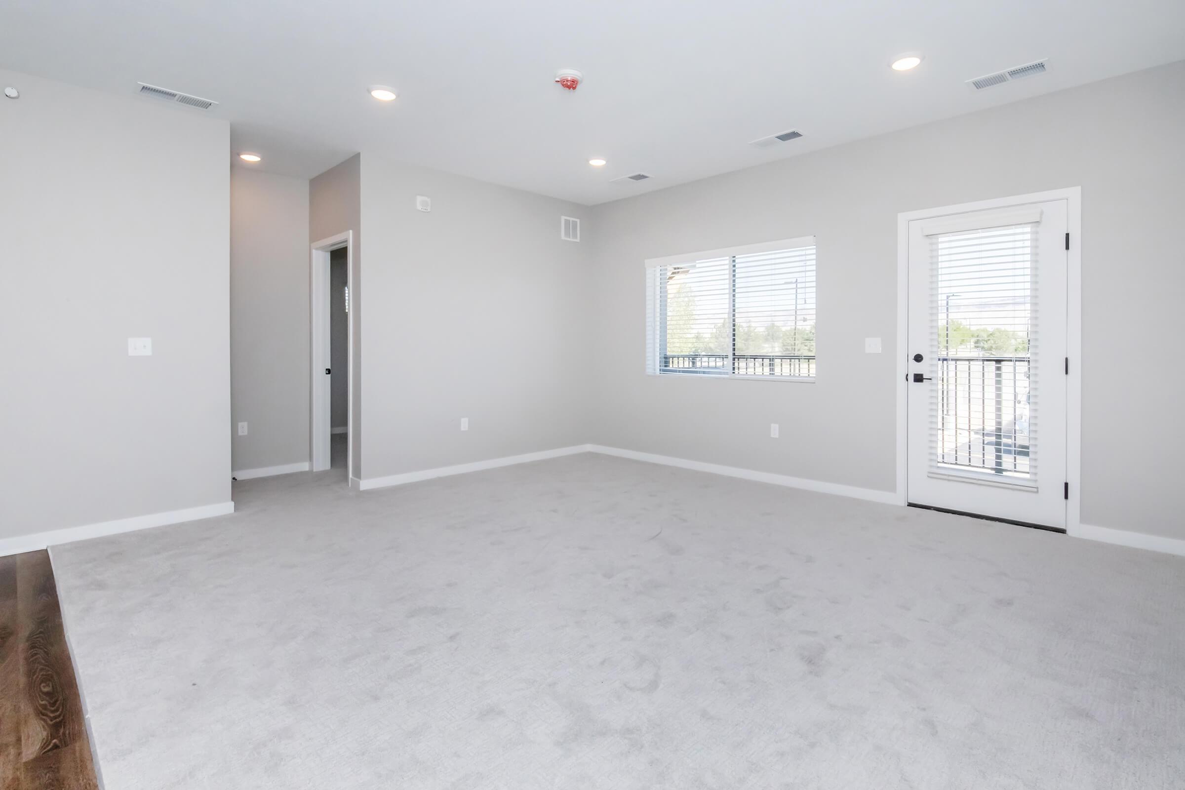 Spacious, modern room with light gray walls and carpet flooring. Large windows allow natural light, with one windowed door leading to a balcony. The design is minimalistic, featuring a neutral color palette, ideal for a living or office space.