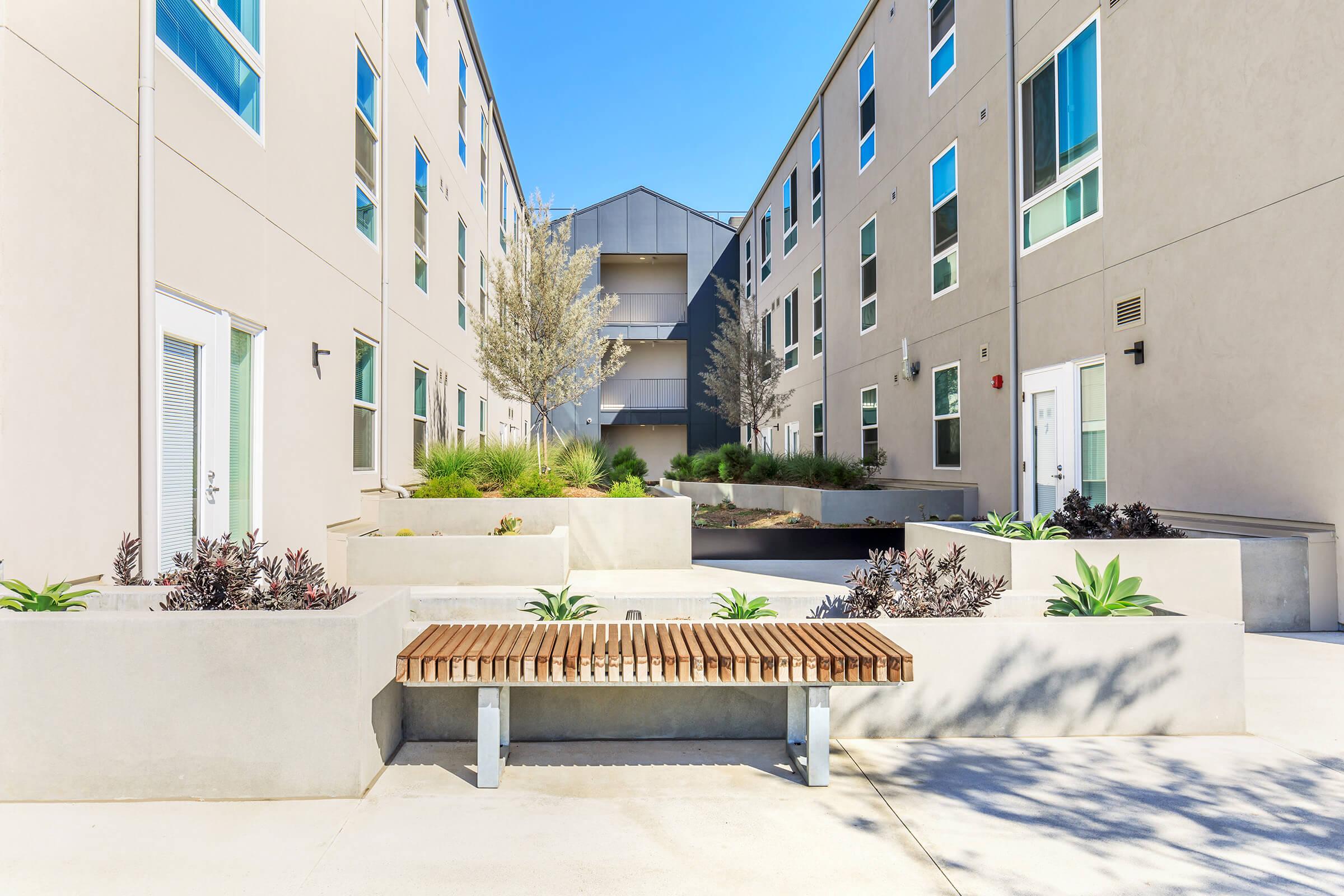 a bench in front of a building