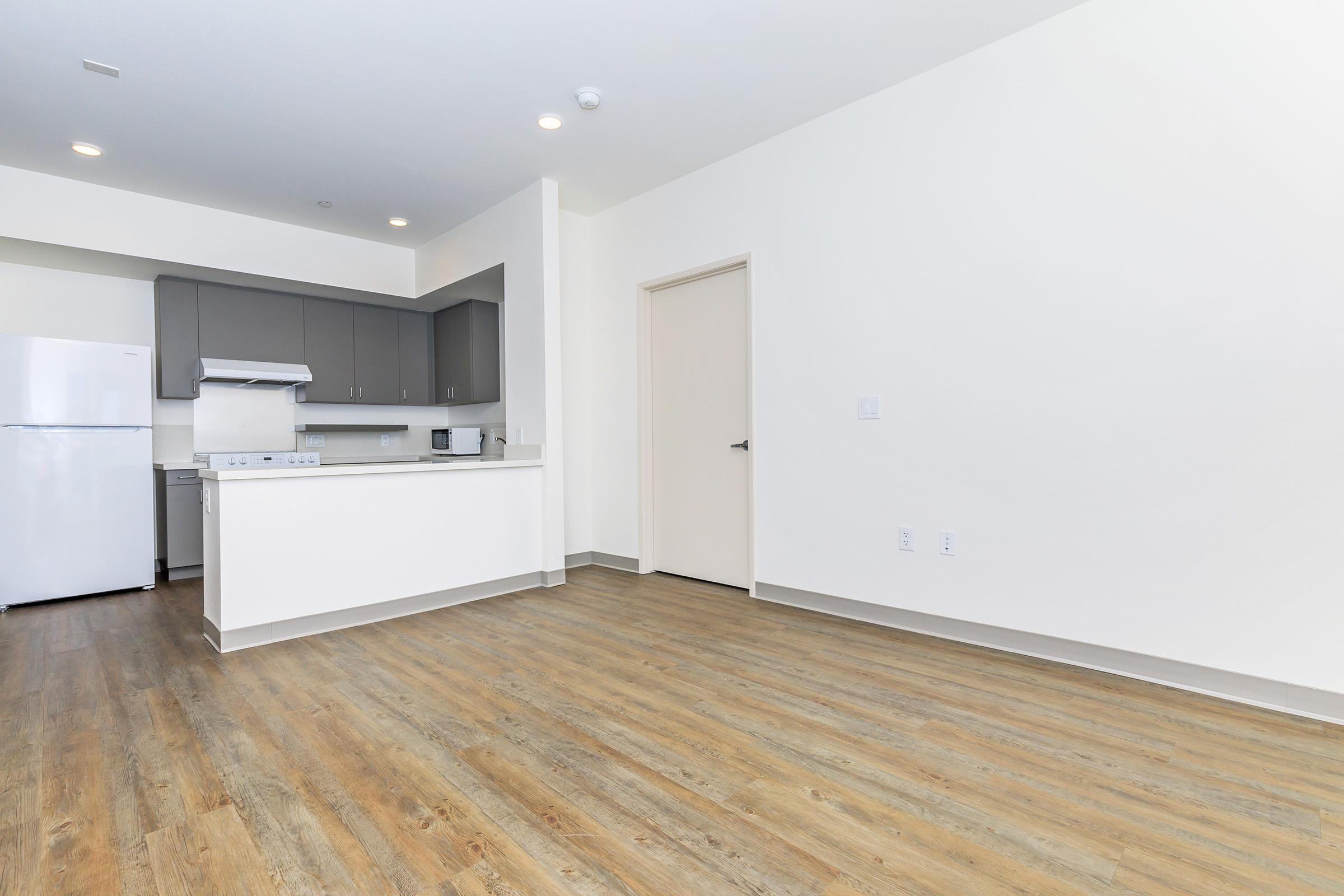 a kitchen with a wood floor