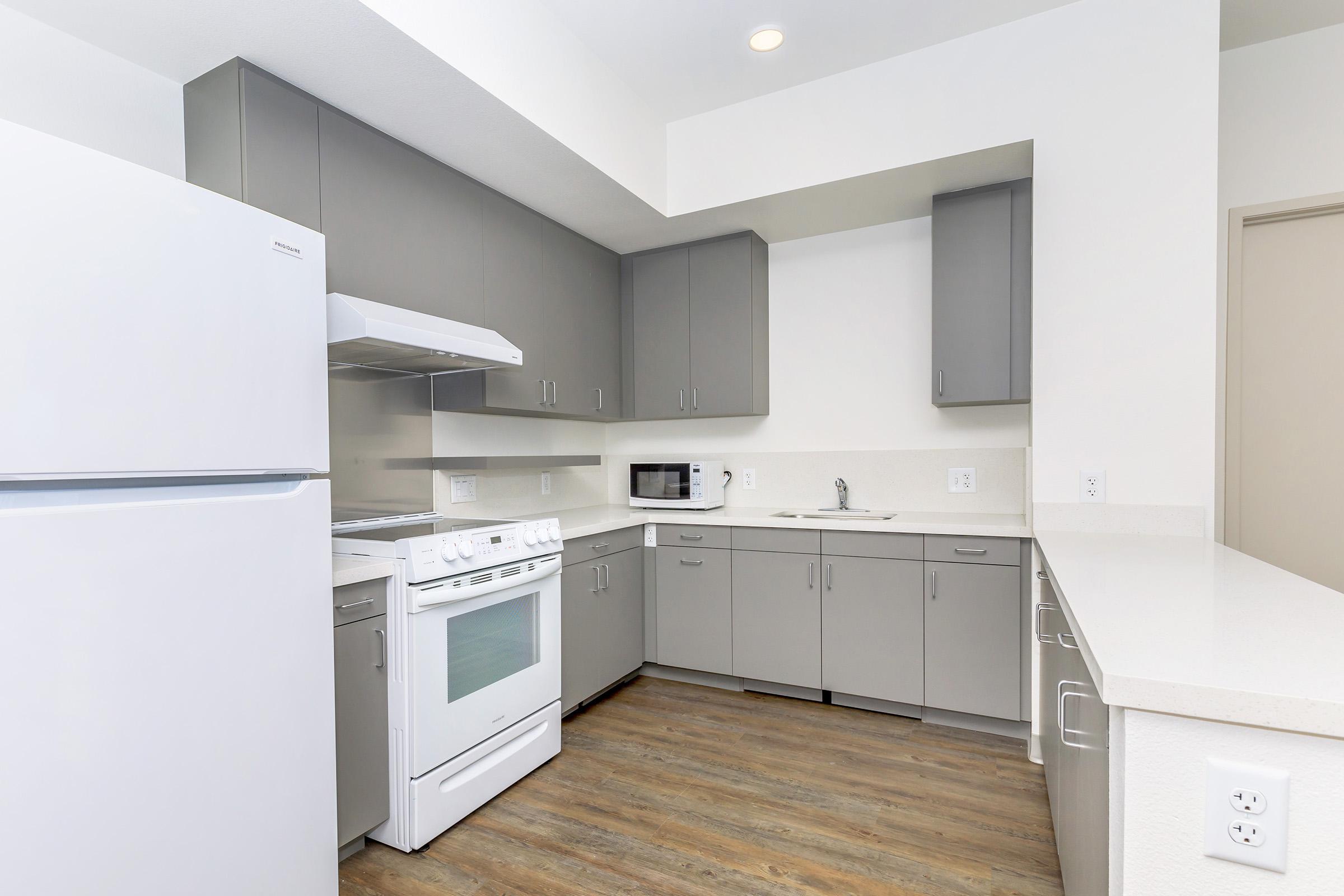 a kitchen with a stove and a refrigerator