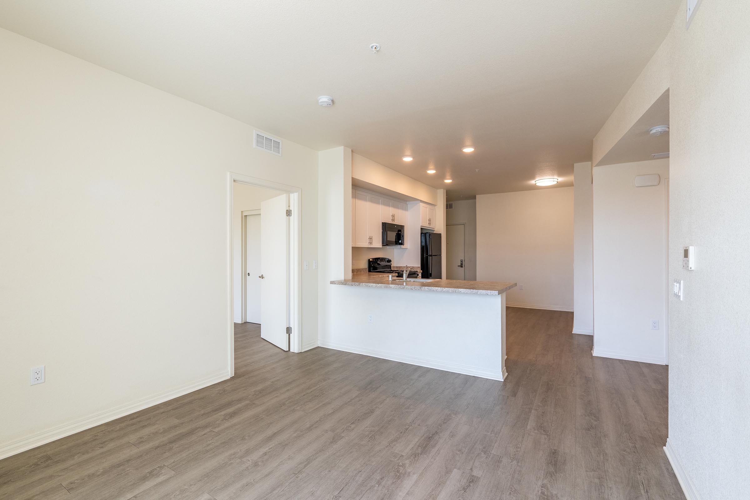 Interior of a modern apartment featuring an open layout with a living area and kitchen. Light-colored walls and wooden flooring create a spacious feel. The kitchen has modern appliances and a countertop. A doorway leads to a separate room, and the overall ambiance is bright and airy.
